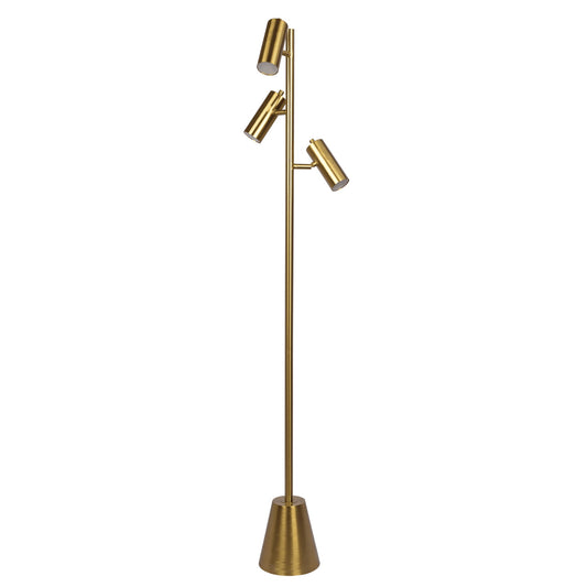 The Lumina Floor Lamp features a gold finish, three adjustable spotlights branching from a slender pole, and a sturdy cone base, all operated by a convenient rotary switch.