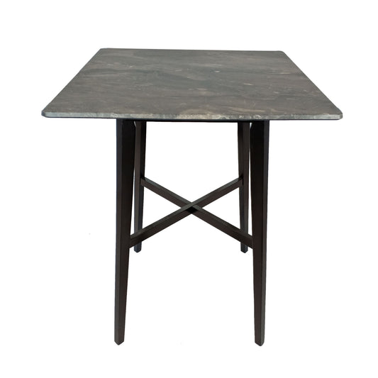 The Modern Bar Height Dining Table features a dark gray laminate square top and four slim black rubberwood legs with an X-shaped support, displayed against a white background.