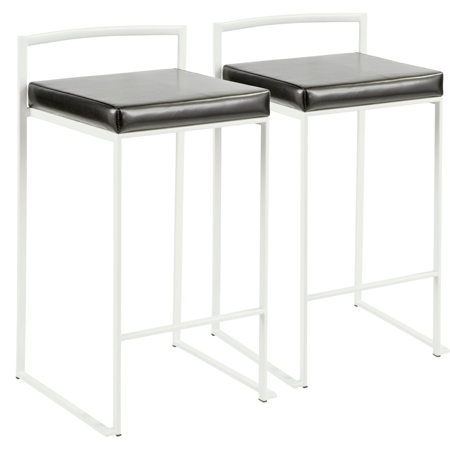 Two Fuji - Simple Elegance Contemporary Stackable Counter Stools, featuring white metal frames and black cushioned square seats, are placed side by side against a plain white background.