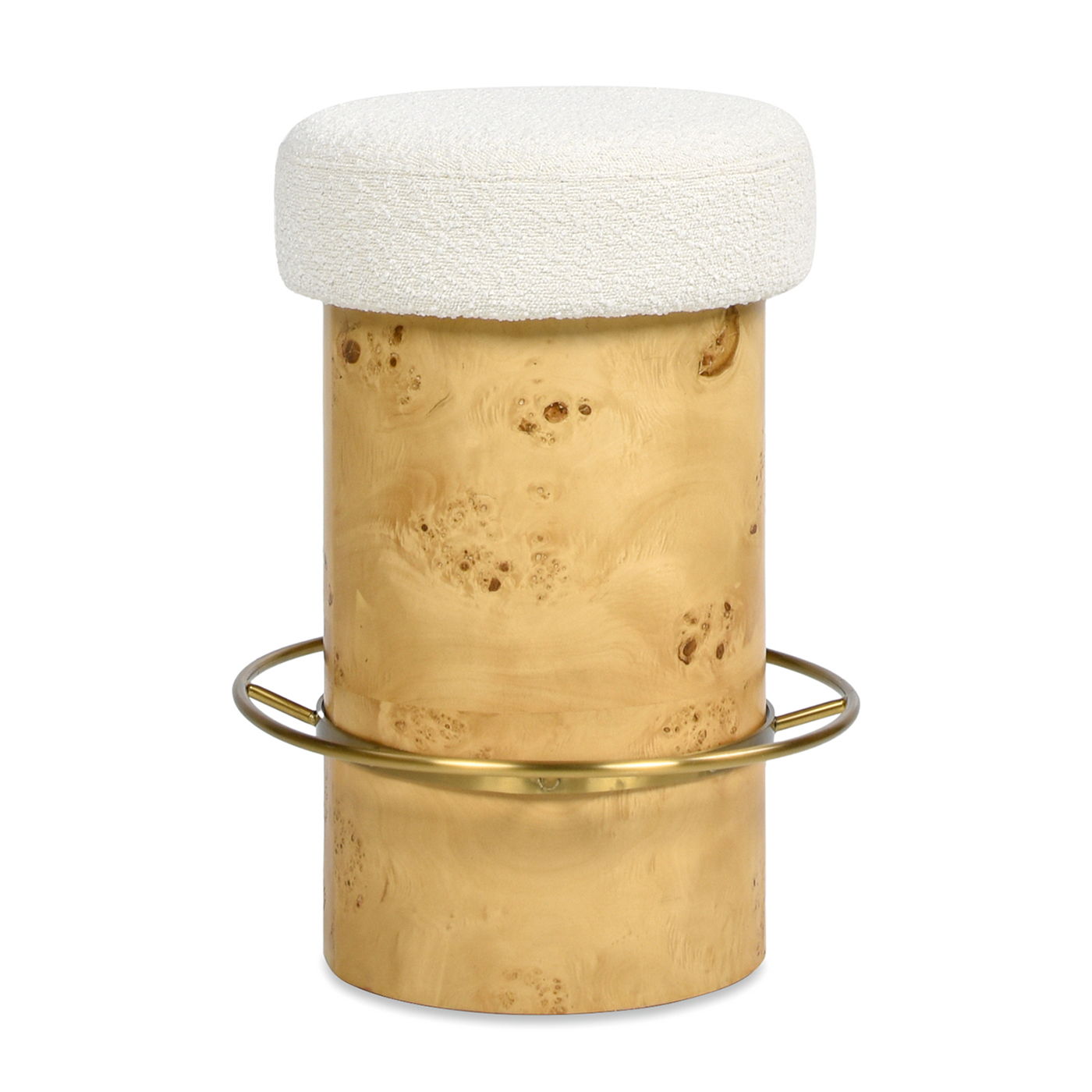 The Nebula Backless Round Upholstered Counter Stool With Burl in Ivory White features a cylindrical light wood base, brass ring footrest, and a round ivory white textured cushion.