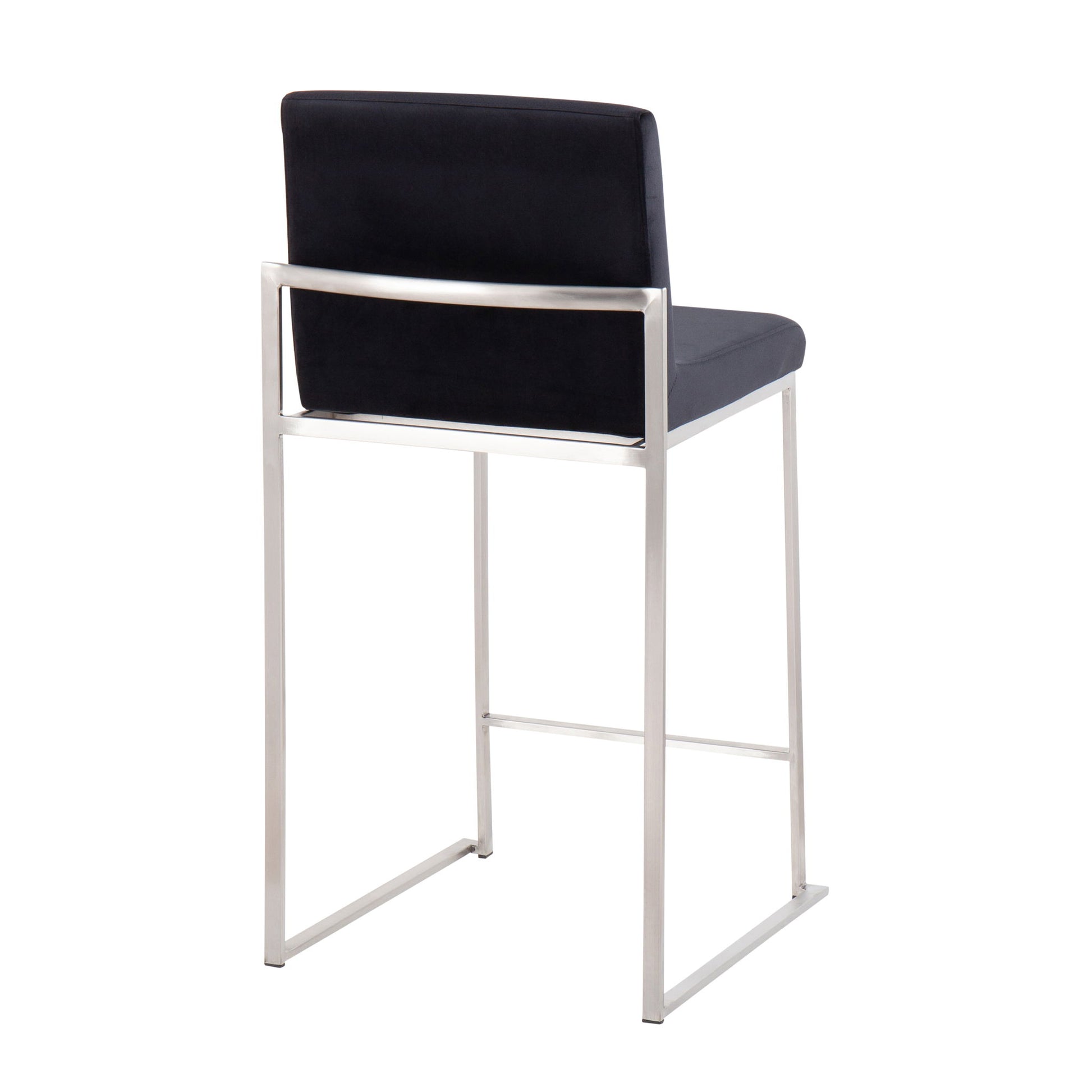 The Fuji Contemporary High Back Counter Stool features a functional design with a sleek metal frame, black cushioned seat and backrest, minimalist lines, and an open rectangular high back.