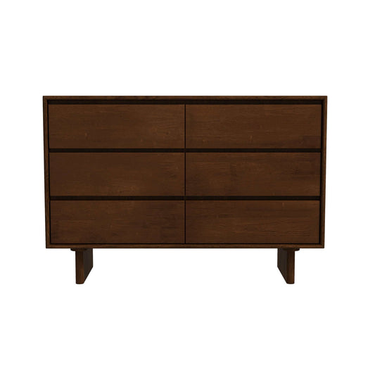 The Dubrovnik Mid-Century Modern Dresser features six drawers in two columns, a dark brown finish, and short rectangular legs, shown against a white background.