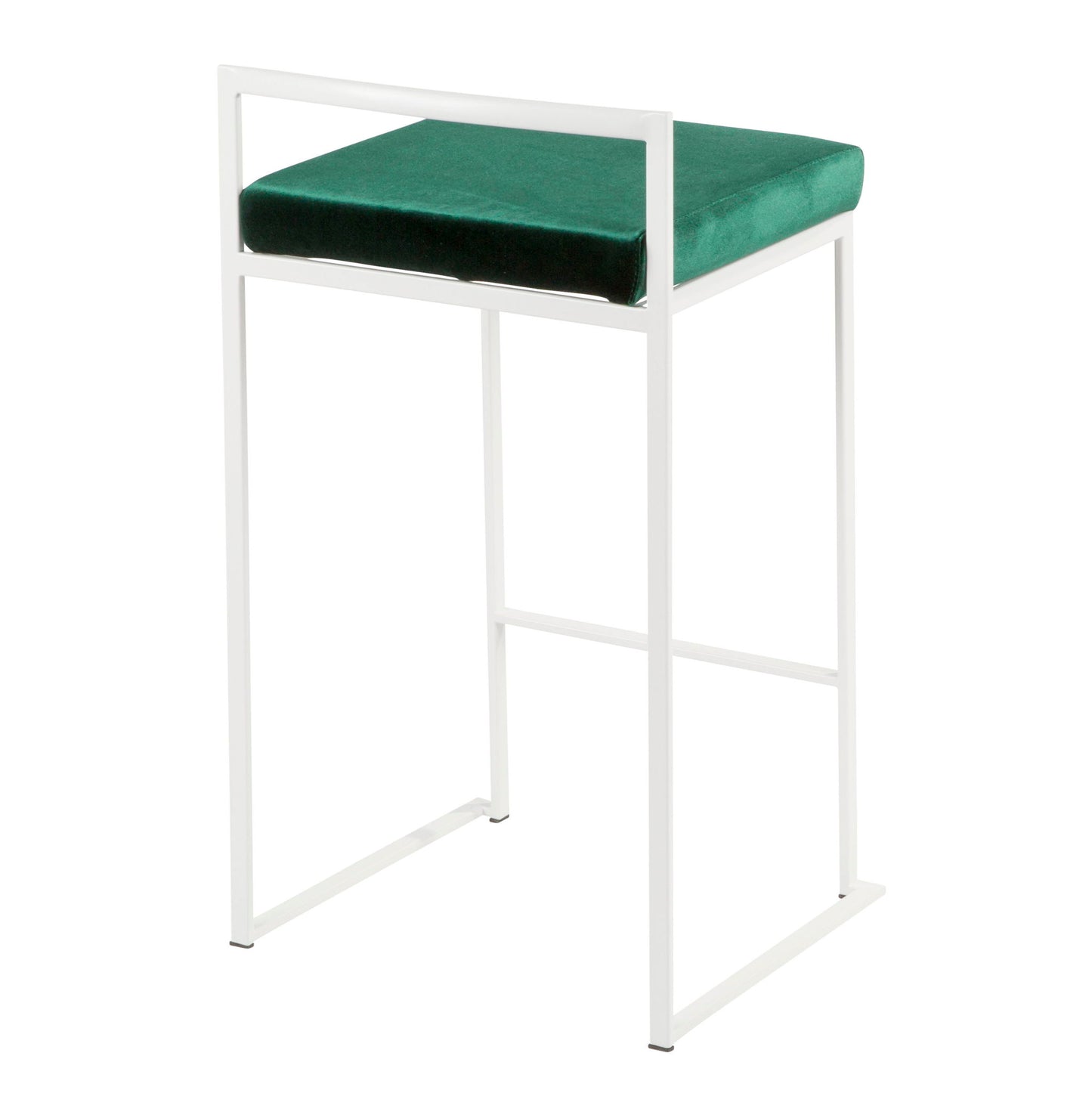 The Fuji - Simple Elegance, Contemporary Stackable Counter Stool features a minimalist white metal frame, a square green velvet cushion seat, clean lines, and a partial back support bar with no armrests or full backrest.