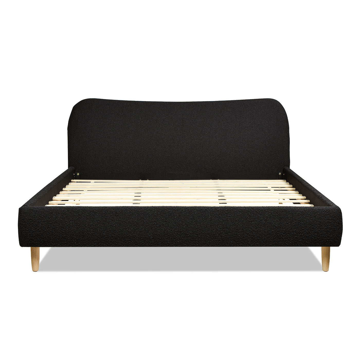 The Roman Curved Headboard Upholstered Platform Bed features a modern black design, curved headboard, wooden slats for support, and light wood legs, shown against a white background.