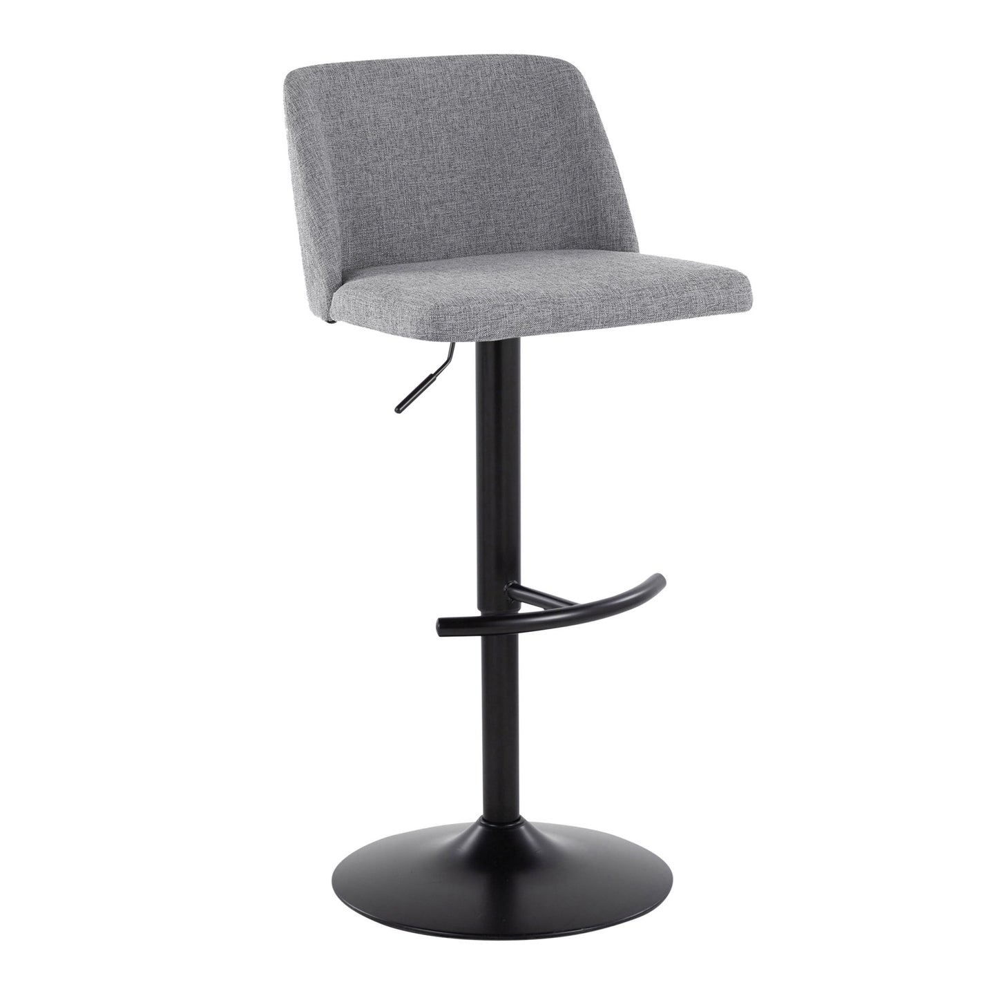 The Toriano - Contemporary Adjustable Bar Stool (Set of 2) features a gray upholstered seat and backrest, black metal pedestal base, rounded T footrest, and side height-adjustment lever, shown against a white background.