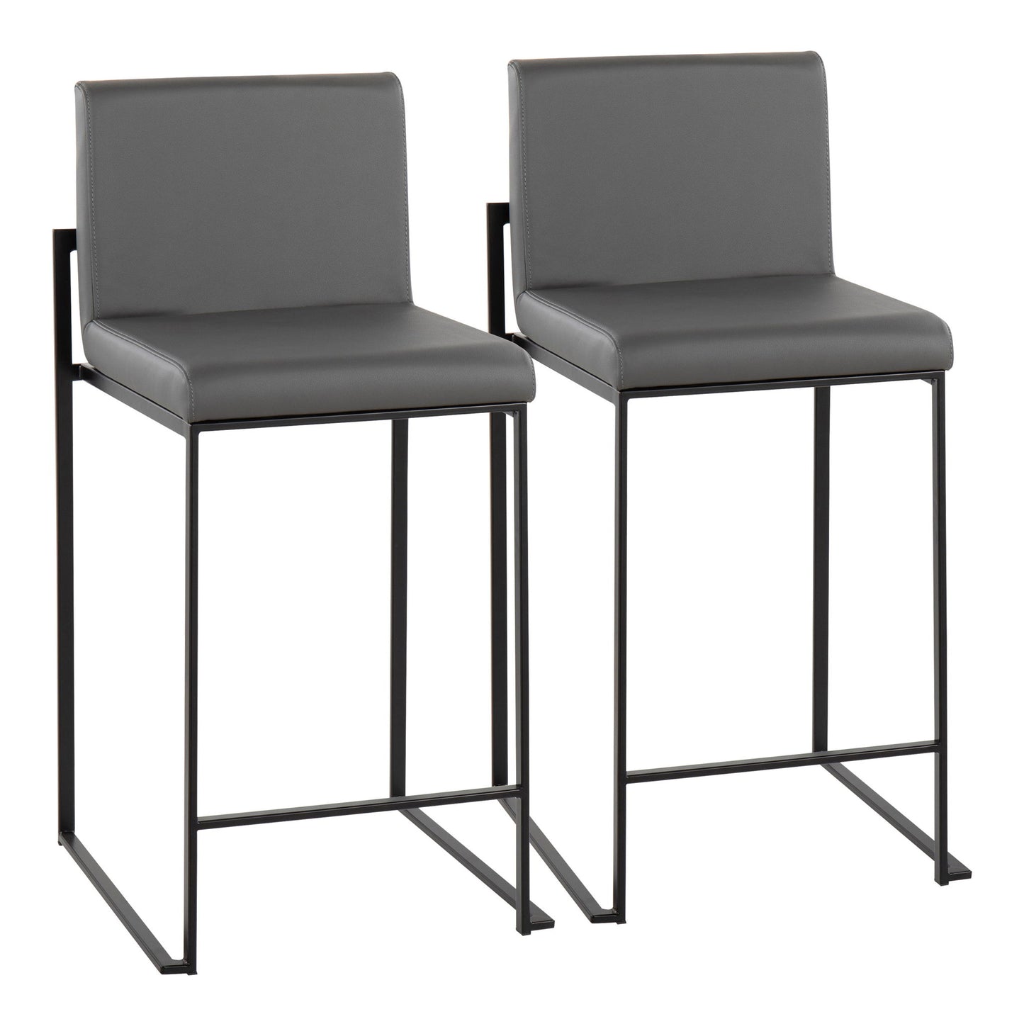 Two Fuji Contemporary Modern Elegance high back counter stools with gray cushioned seats, backs, black metal frames, and footrests are placed side by side on a white background.