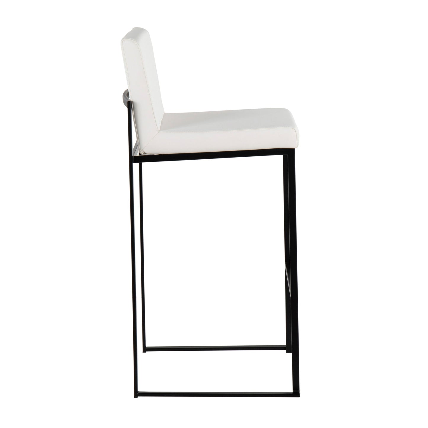 Side view of the Fuji - Contemporary High Back Barstool featuring a white cushioned seat and backrest, supported by a slim black metal frame, displayed on a white background.