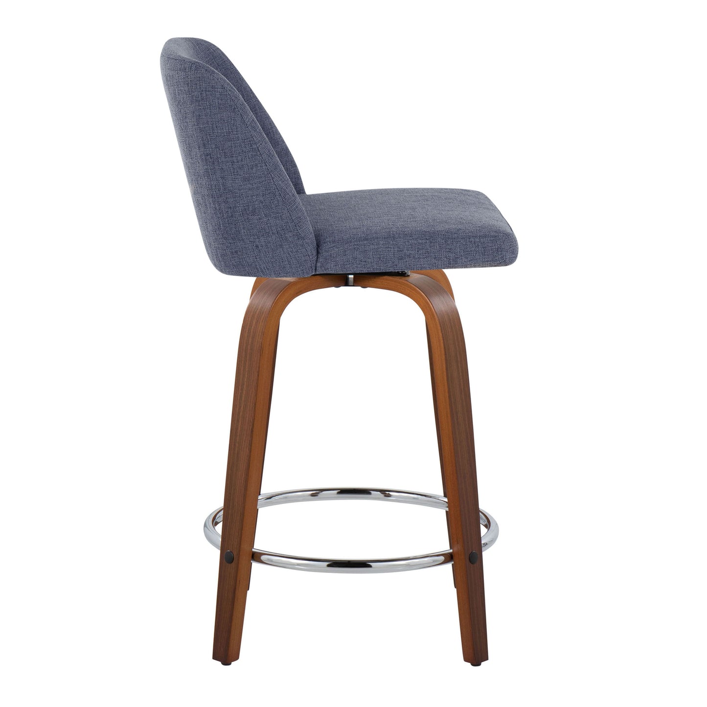 Side view of the Toriano bar stool, featuring a gray upholstered seat and backrest. The stool includes a wooden frame with angled legs and a chrome round footrest ring.
