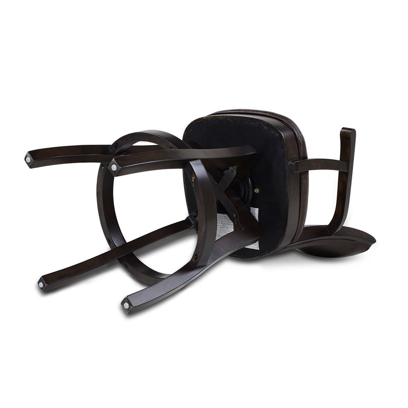 The Williams Swivel Bar Stool With Armrests, featuring a dark wood finish and padded seat, is shown lying on its side on a white background, displaying its underside and legs.