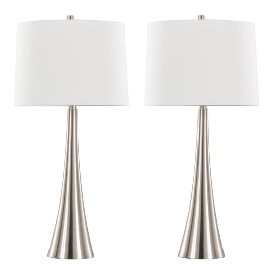 The Diana - Contemporary Table Lamp (Set of 2) features brushed metal bases and tall, white drum lampshades, shown side by side against a plain white background.