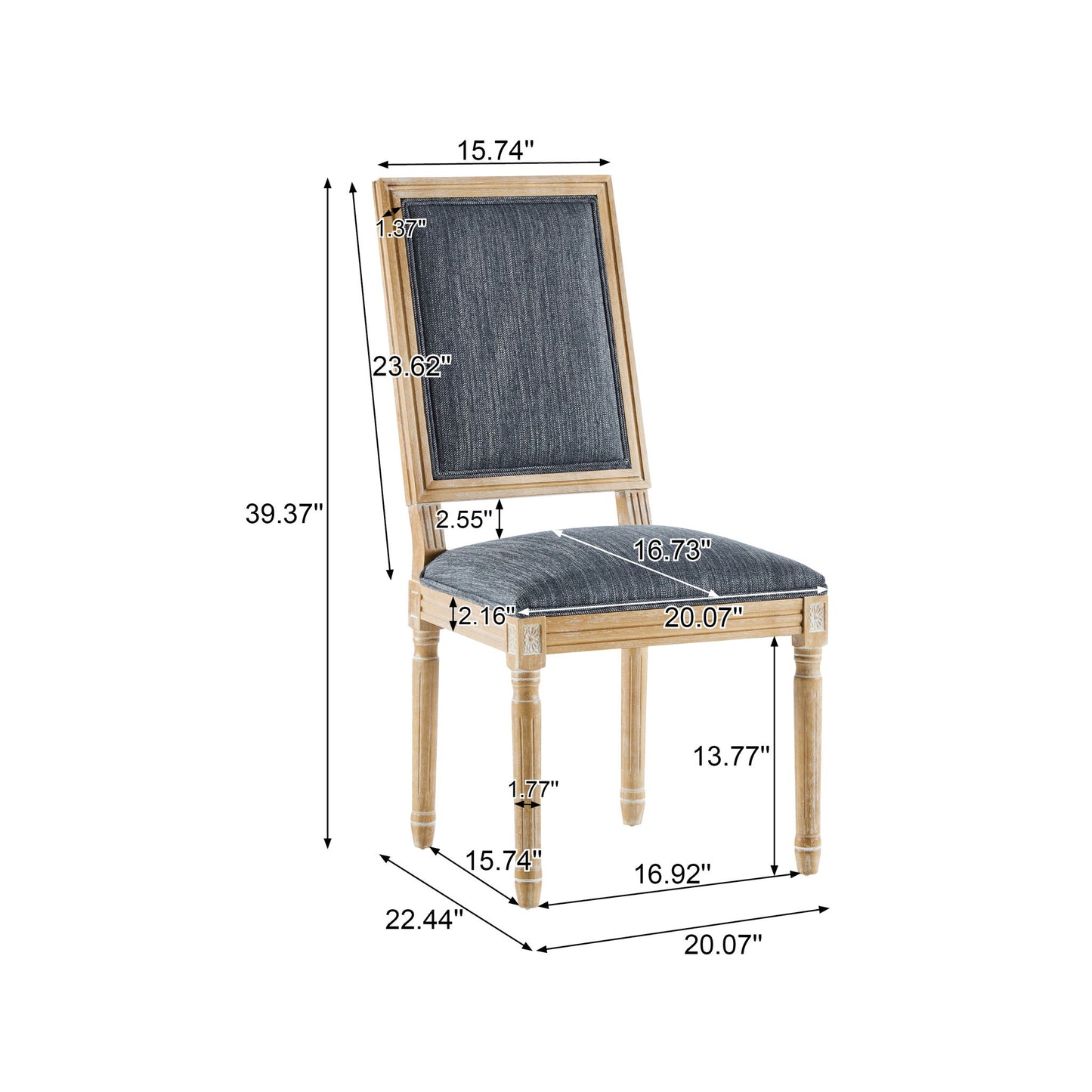 The French Country Style Dining Chair features upholstered seating and fluted legs. Dimensions: 39.37" H, 19.29" seat height, 20.07" seat width, 16.92" seat depth, 23.62" backrest height, and 22.44" leg depth.