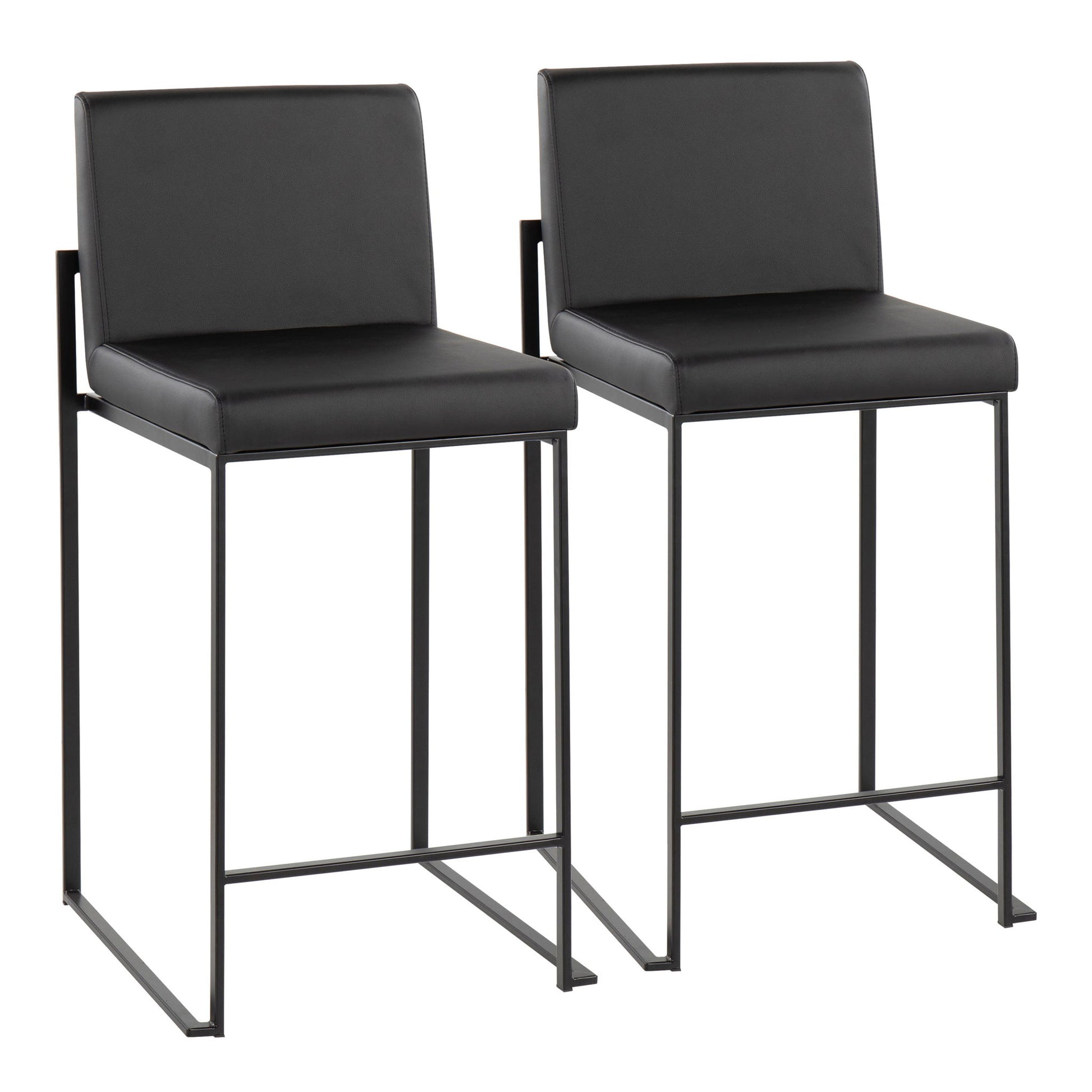 Set of two Fuji high back counter stools in modern black, featuring padded seats and backs, sleek metal frames with footrests, and a minimalist contemporary design.