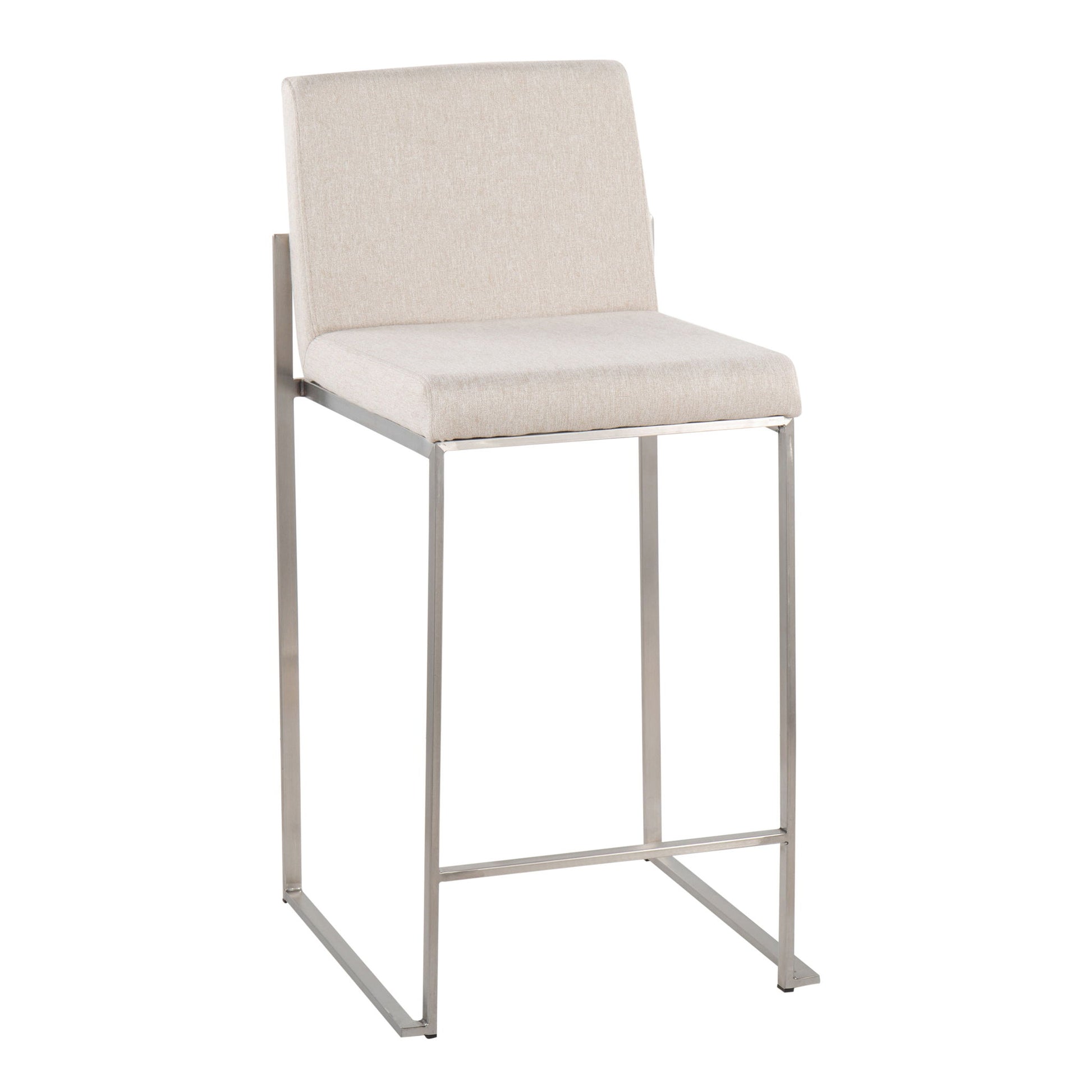 The Fuji Counter Stool features a contemporary high back, light beige cushioned seat and backrest, and a minimalist metal frame with a brushed silver finish for functional modern design.