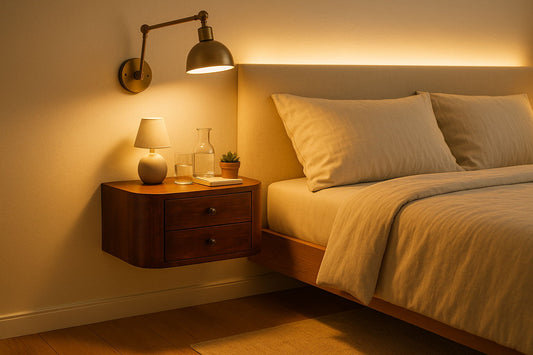 A cozy bedroom features a neatly made bed in beige bedding, the Lunar - Drawer Floating Nightstand holding a lamp, small potted plant, glass of water, and books, softly lit by a wall sconce and ambient light behind the headboard.