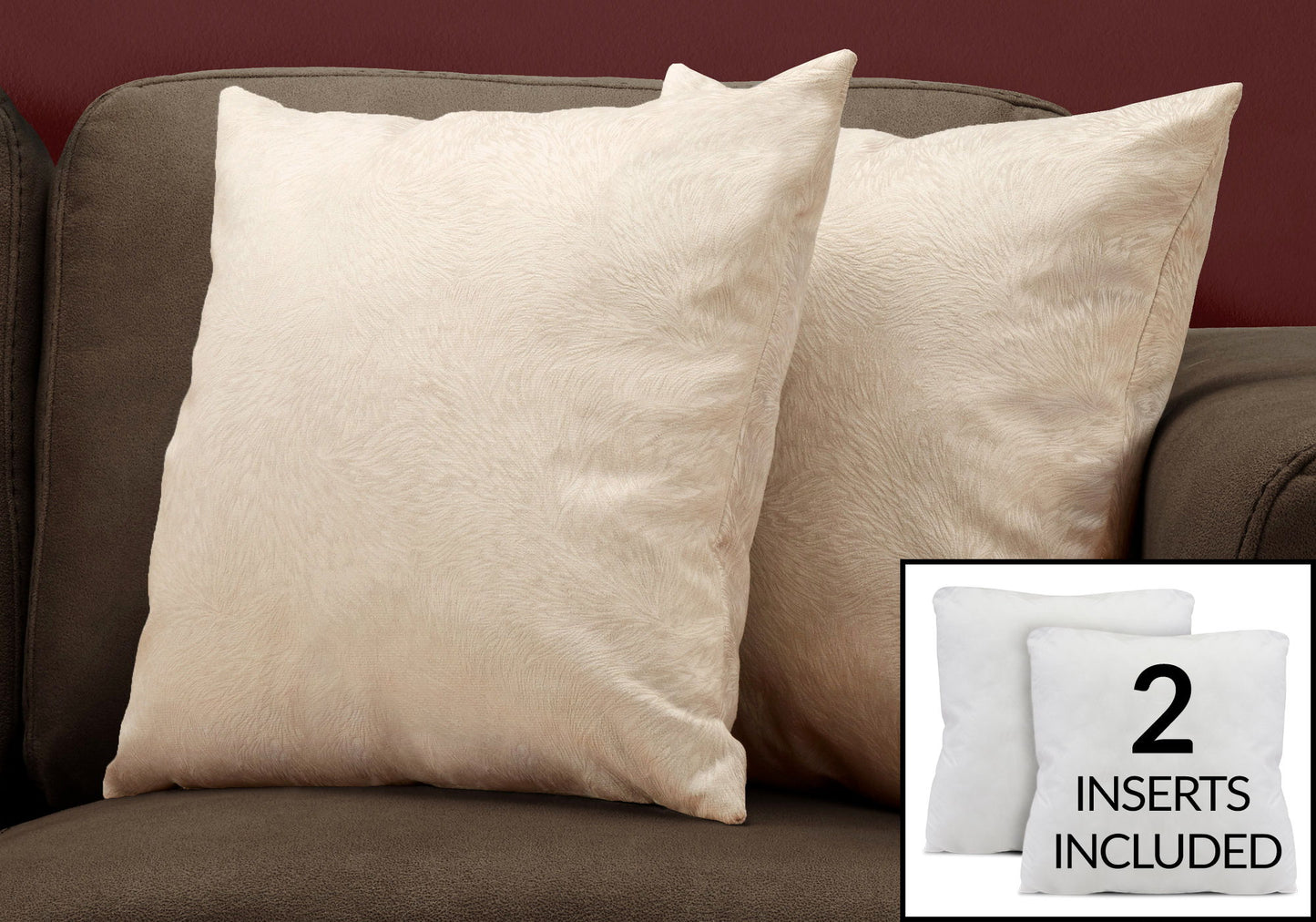 Two cream-colored decorative throw pillows on a dark sofa, with an inset showing two white hypoallergenic inserts and the text "2 inserts included"—Pillows, Square, Insert Included, Decorative Throw, Modern.