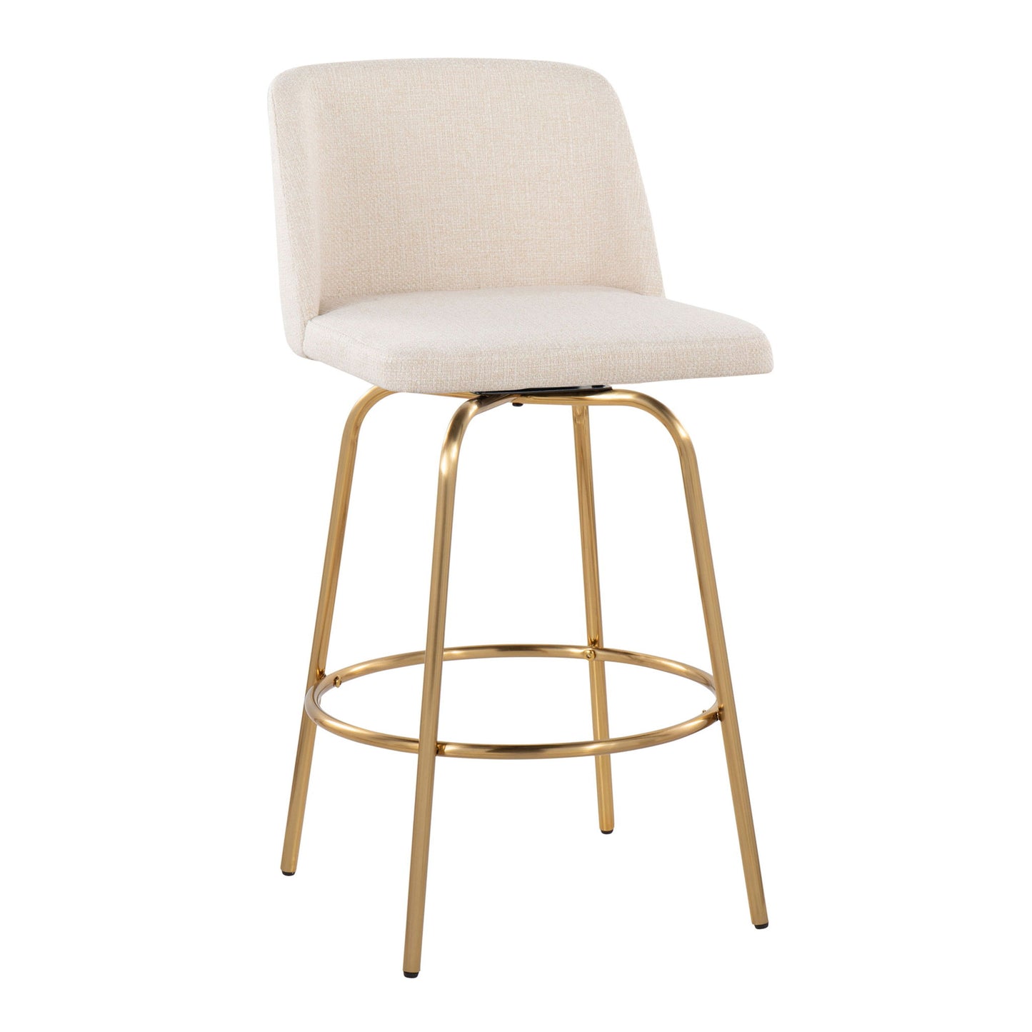 The Toriano is a set of 2 contemporary fixed height counter stools with swivel, cream upholstered seat and backrest, gold metal legs, and a round footrest.