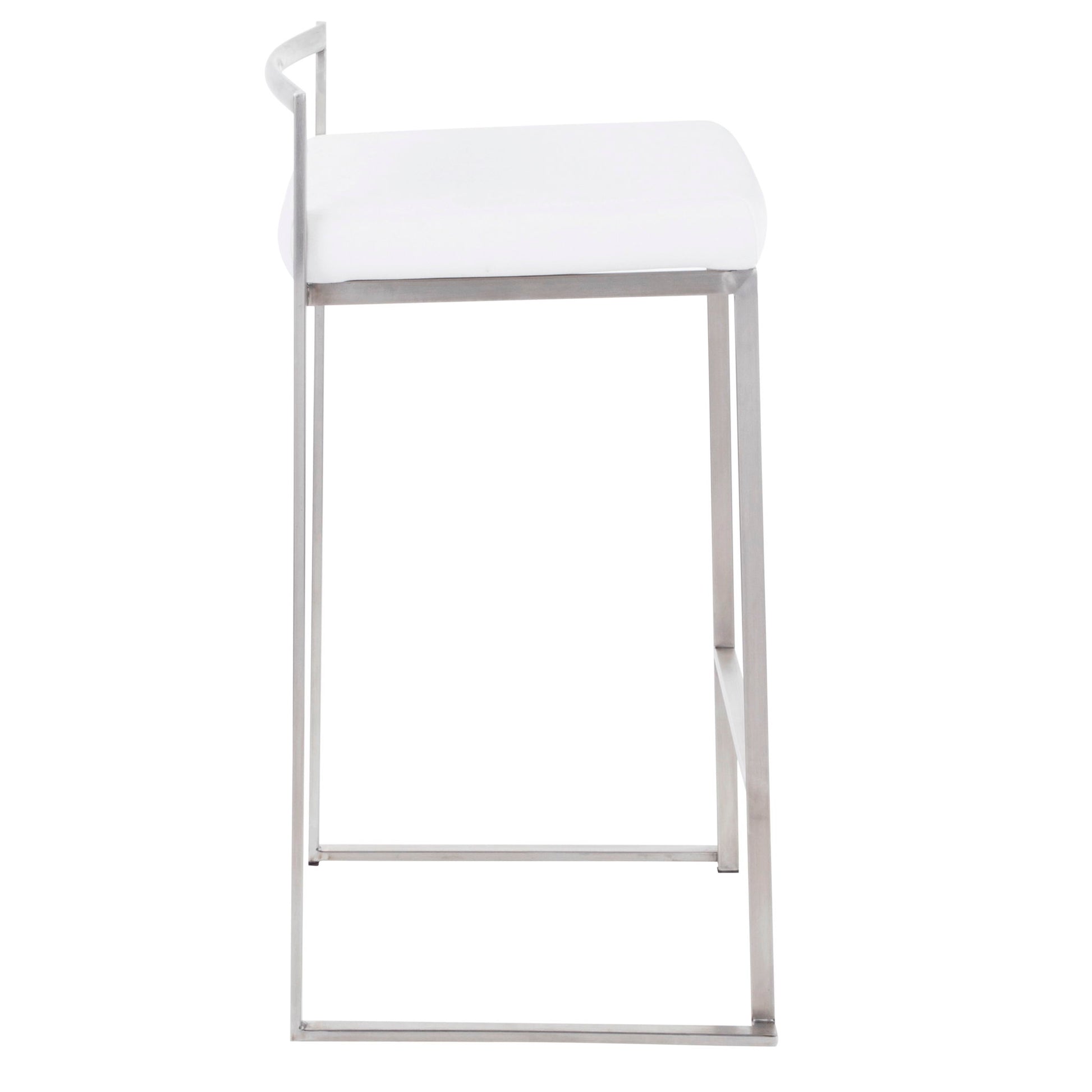 Side view of the Fuji - Contemporary Elegant Stackable Counter Stool, featuring a white cushioned seat and a sleek silver metal frame with clean lines and an open, minimalist design.