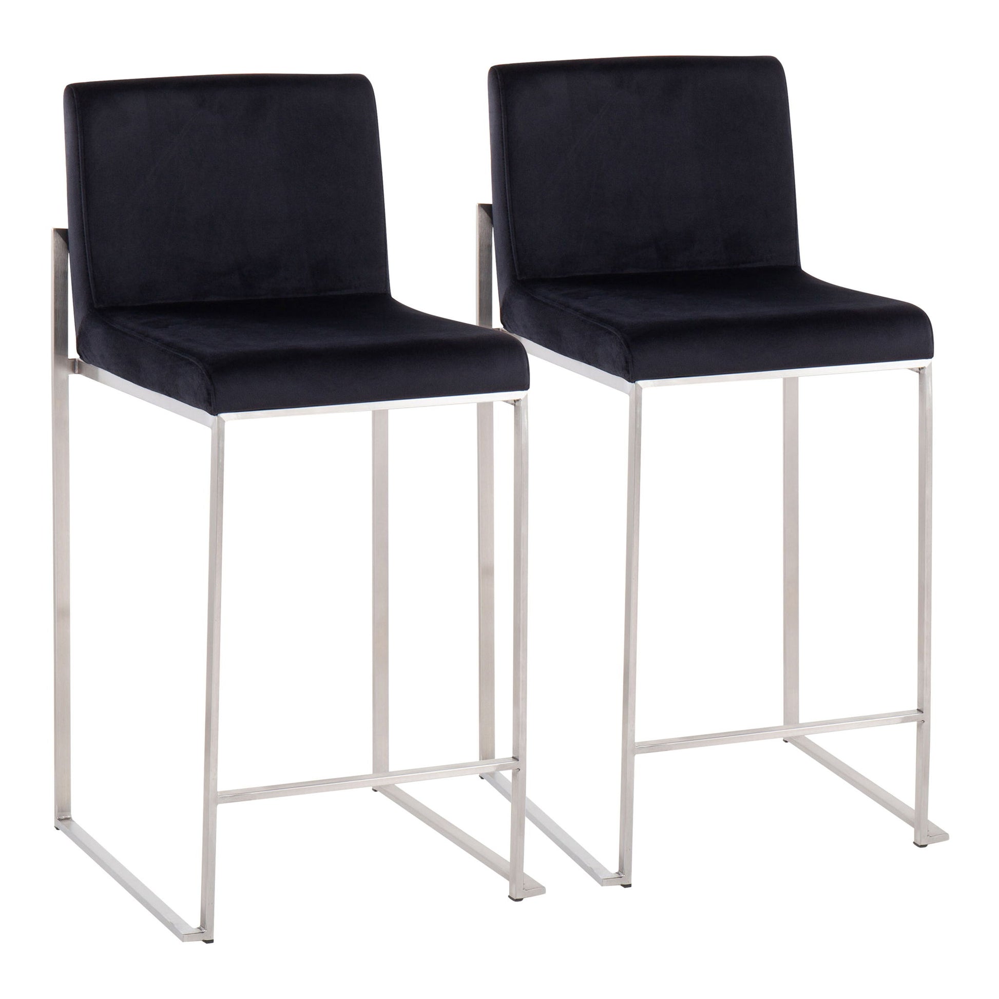 Two Fuji Contemporary High Back Counter Stools with black cushioned seats, silver metal frames, and footrests are set side by side on a white background, showcasing their functional modern design.