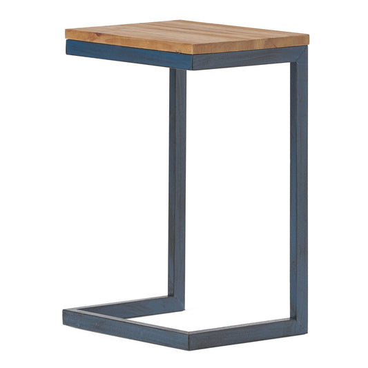 The C Shaped End Table features a square fir wood top and a minimalist open iron base, finished in dark blue.