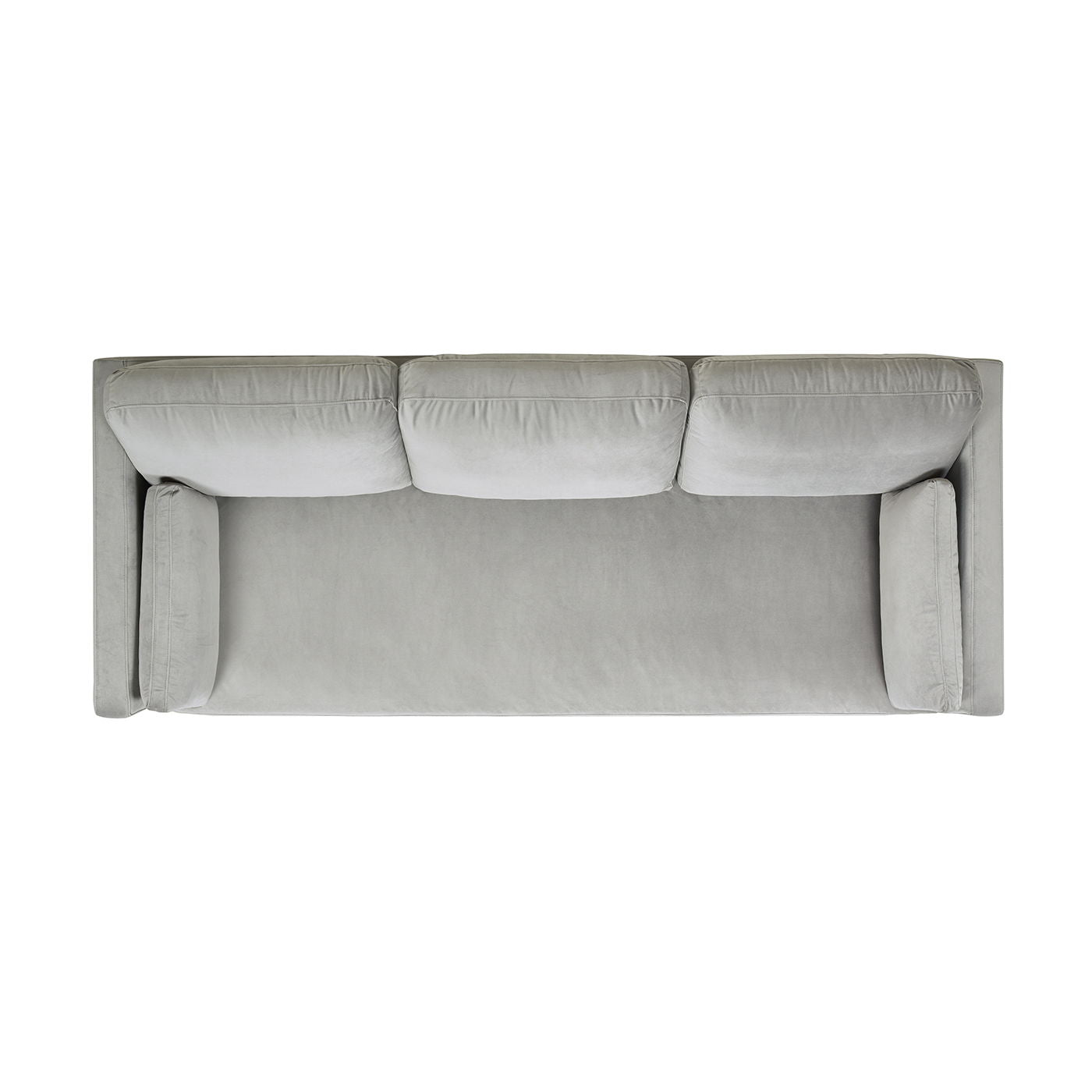 Top-down view of the Knox - Modern Farmhouse Sofa in light gray with three cushions, straight armrests, and smooth upholstery, isolated on a white background.