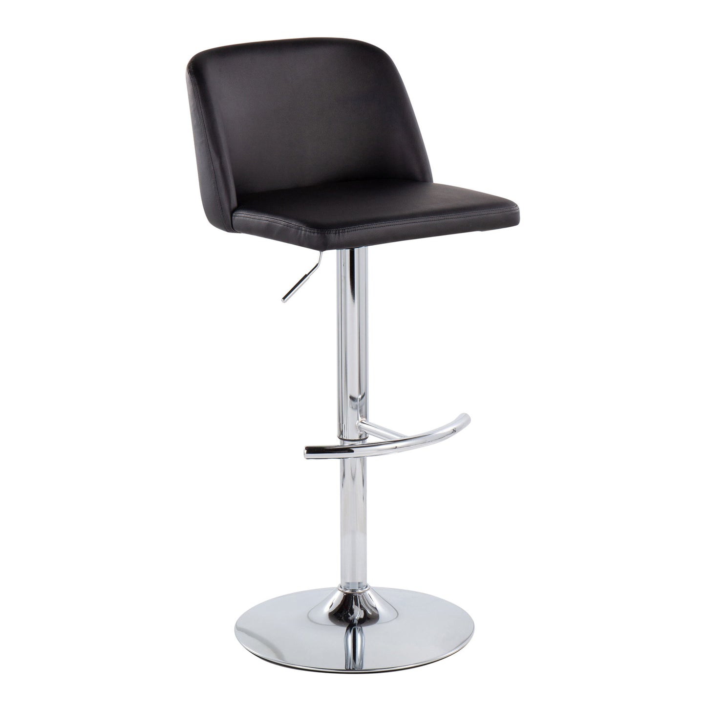 The Toriano Contemporary Adjustable Barstool (Set of 2) features a black cushioned seat and backrest, swivel function, shiny chrome pedestal base, adjustable height lever, and rounded T footrest.