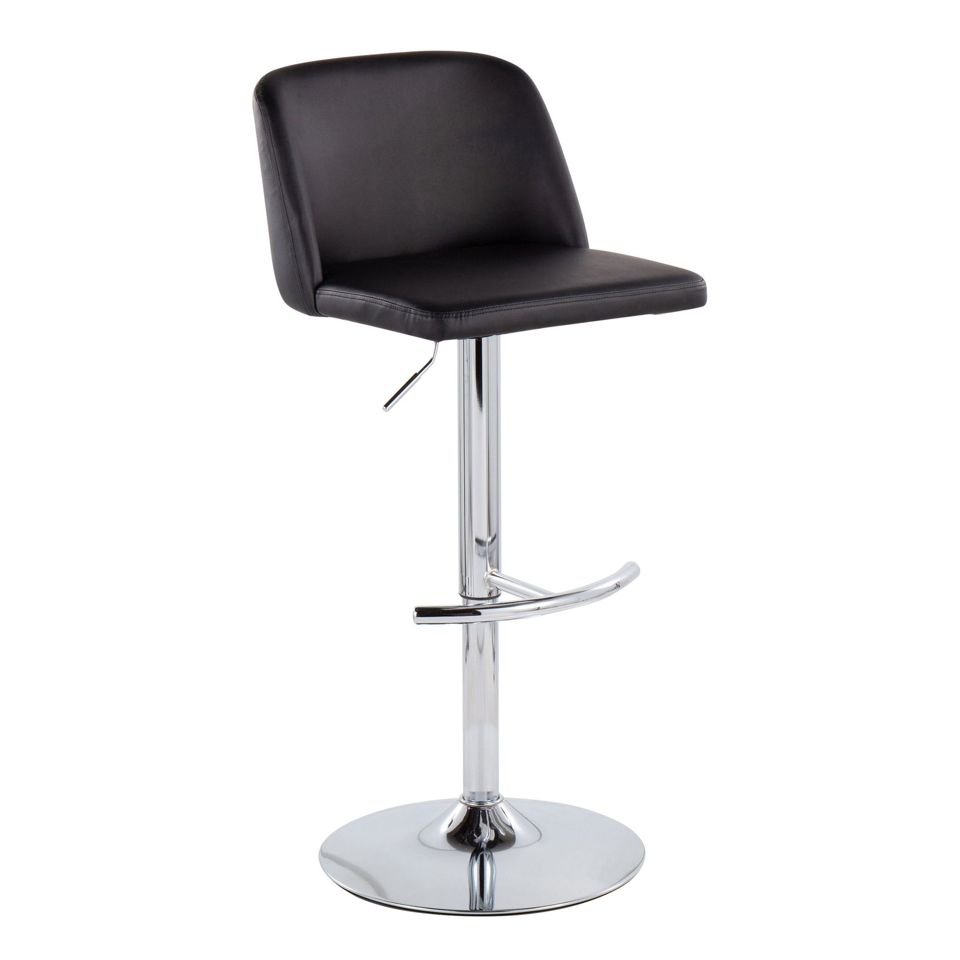 The Toriano Contemporary Adjustable Barstool (Set of 2) features a black cushioned seat and backrest, swivel function, shiny chrome pedestal base, adjustable height lever, and rounded T footrest.