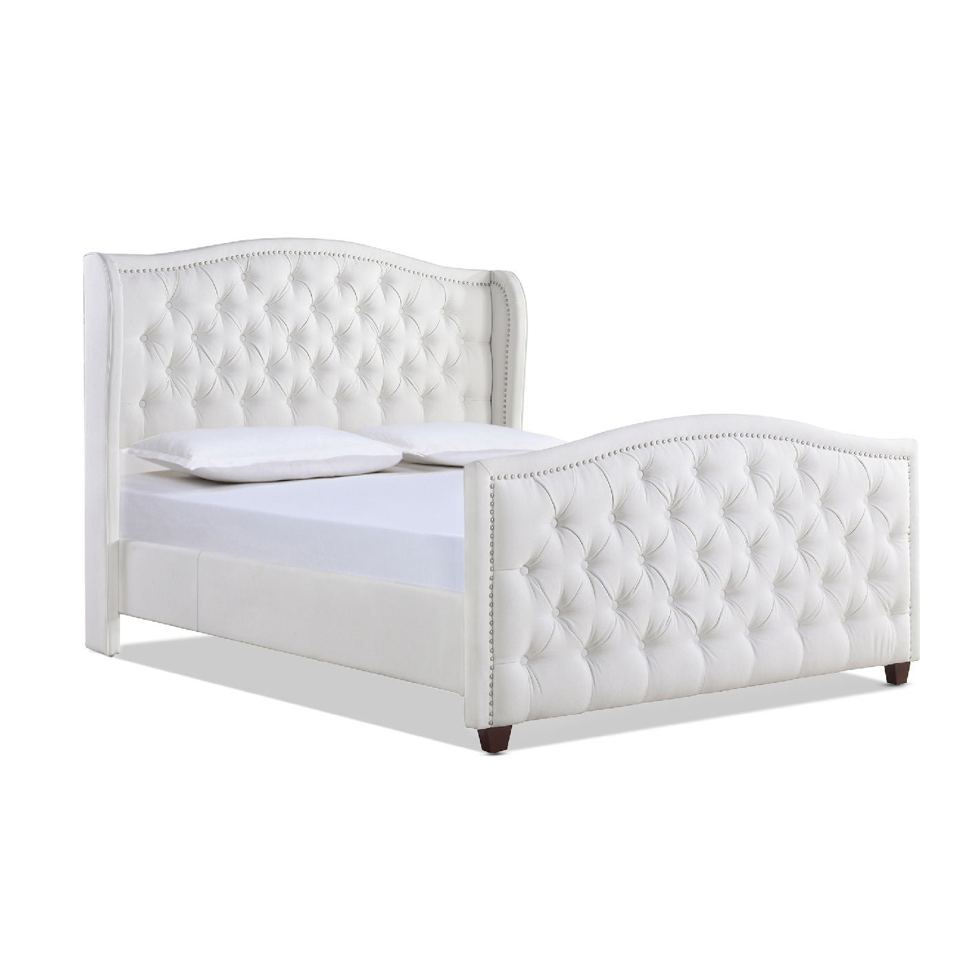 The Marcella - Upholstered Shelter Headboard Bed Set features a white tufted headboard and footboard with diamond-pattern stitching, silver nailhead trim, and is styled with white bedding and pillows.