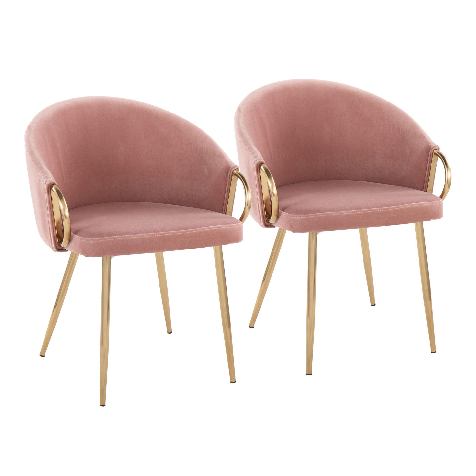 Two Claire - Contemporary Glam Chairs with pink velvet upholstery, gold metal legs, curved backs, and gold armrests that loop from seat to backrest are placed side by side facing forward.