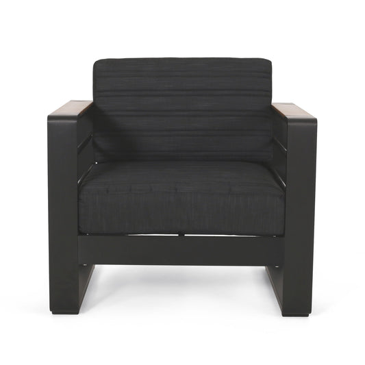 The Giovanna Club Chair Set features a black, boxy, minimalist design with wide flat arms and thick cushions on an aluminum frame, shown from the front against a white background.