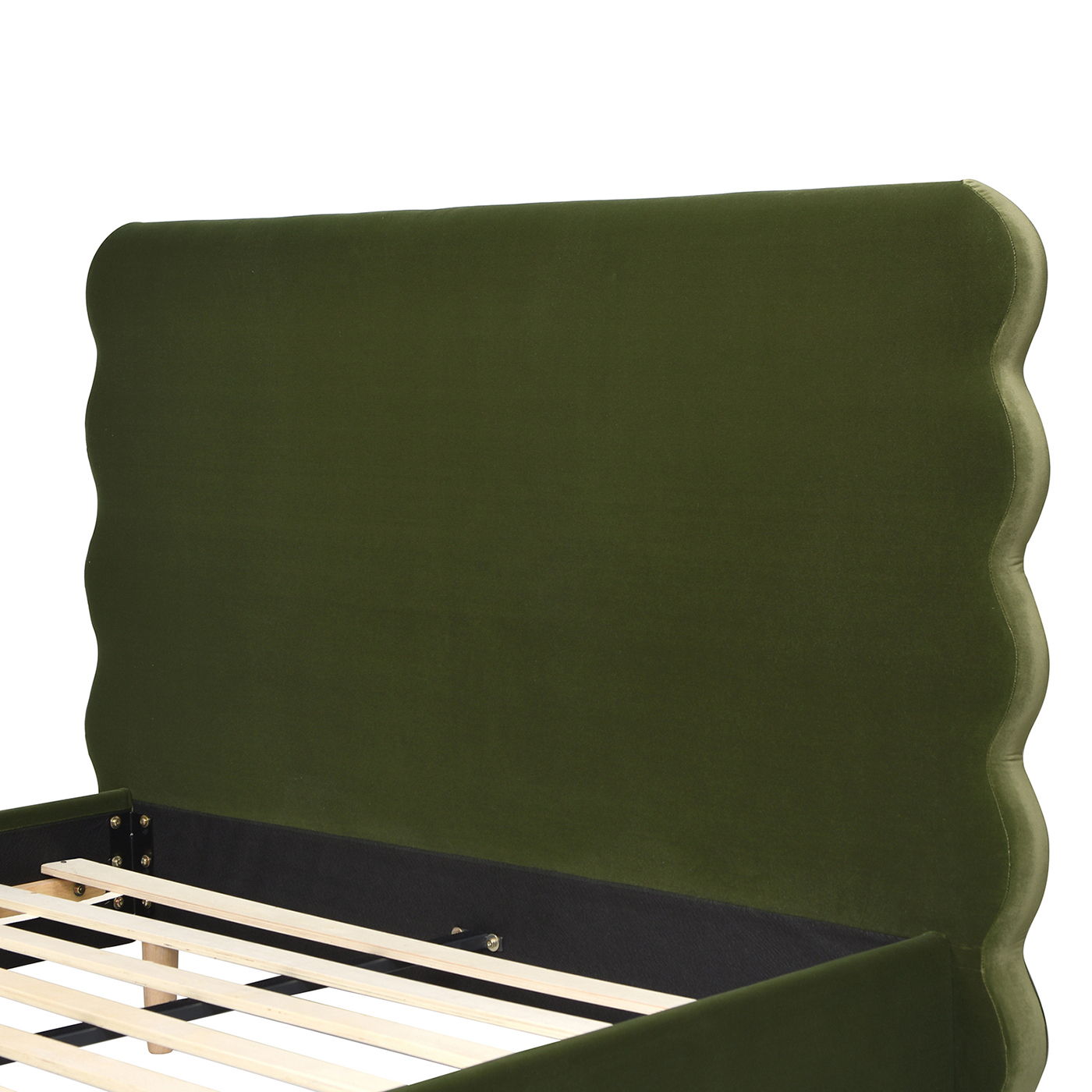 The Stockholm - Modern Wavy Headboard Platform Bed features green upholstery, a tall wavy-edged headboard, and wooden slats for mattress support. The image highlights the headboard and upper corner of the frame.