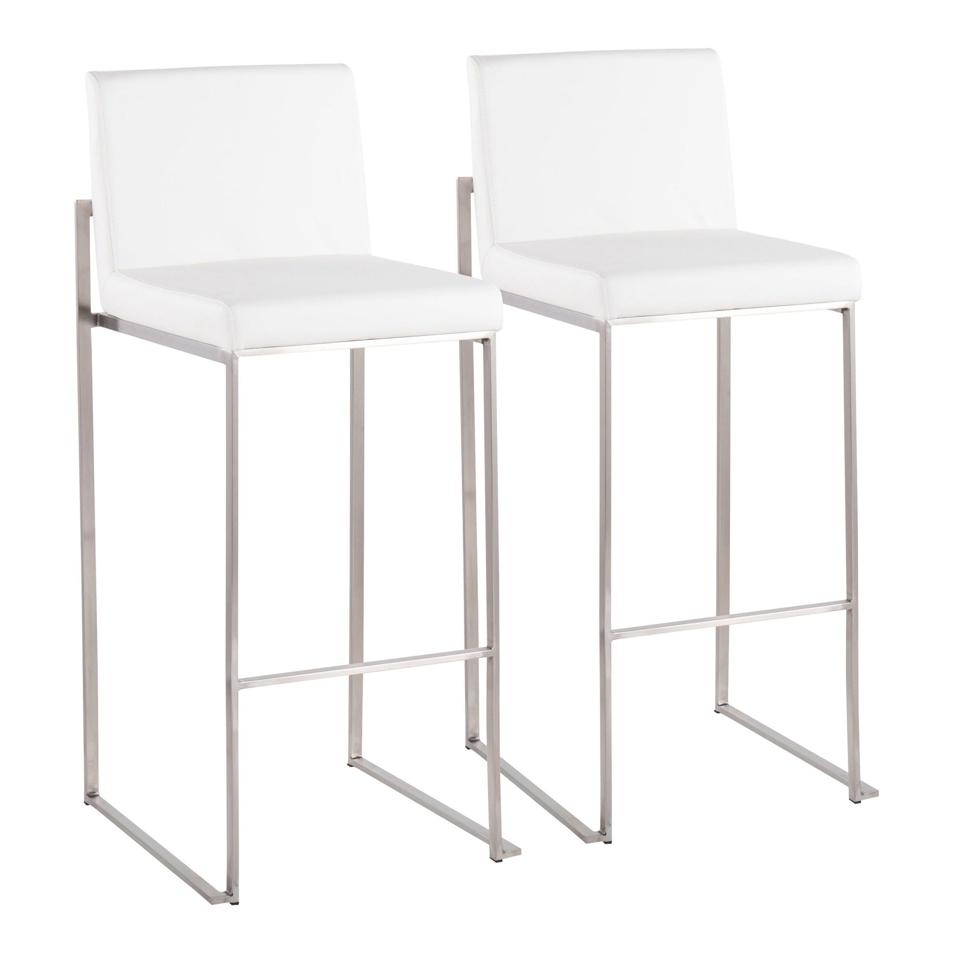 The Fuji - Contemporary and Modern Elegance High Back Barstool features white cushioned seats and backs with sleek silver metal legs, offering a minimalistic and contemporary look.