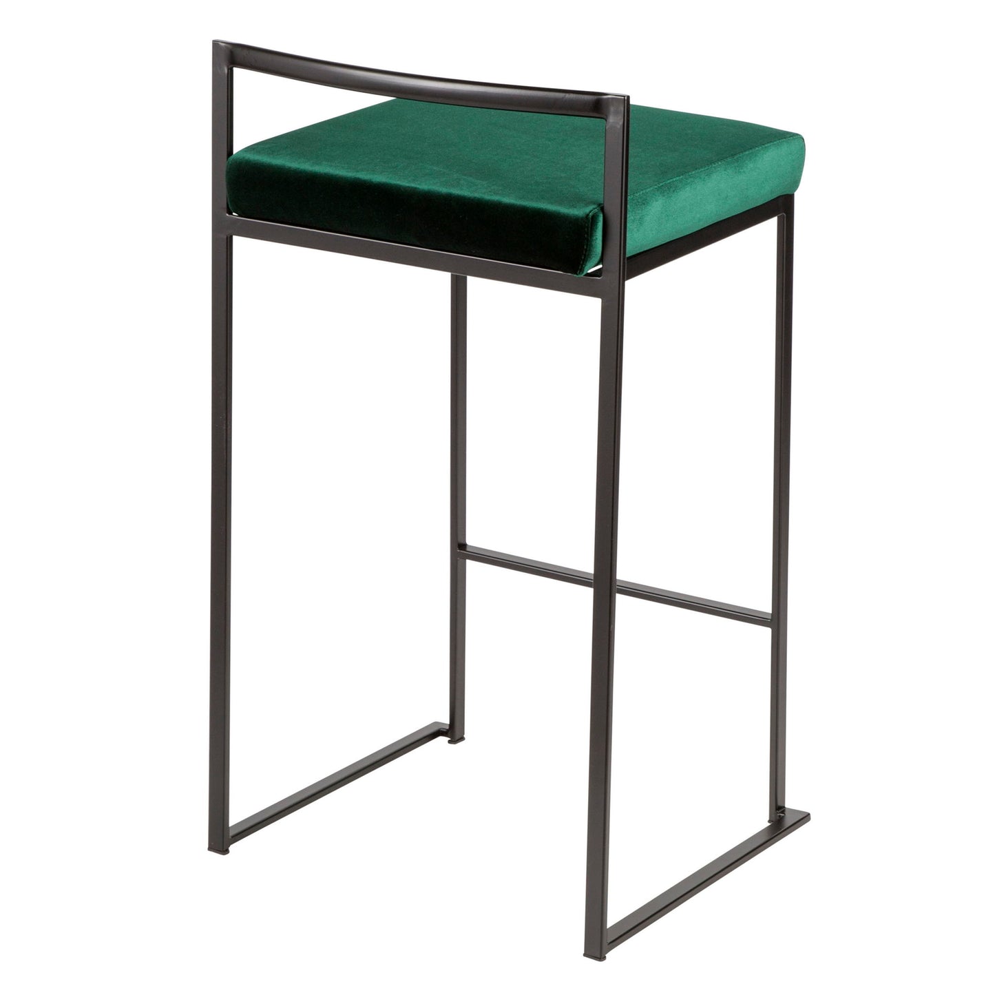 The Fuji - Contemporary Style Stackable Counter Stool features a slim black metal frame, rectangular green velvet cushion seat, open back, and minimalist modern design.