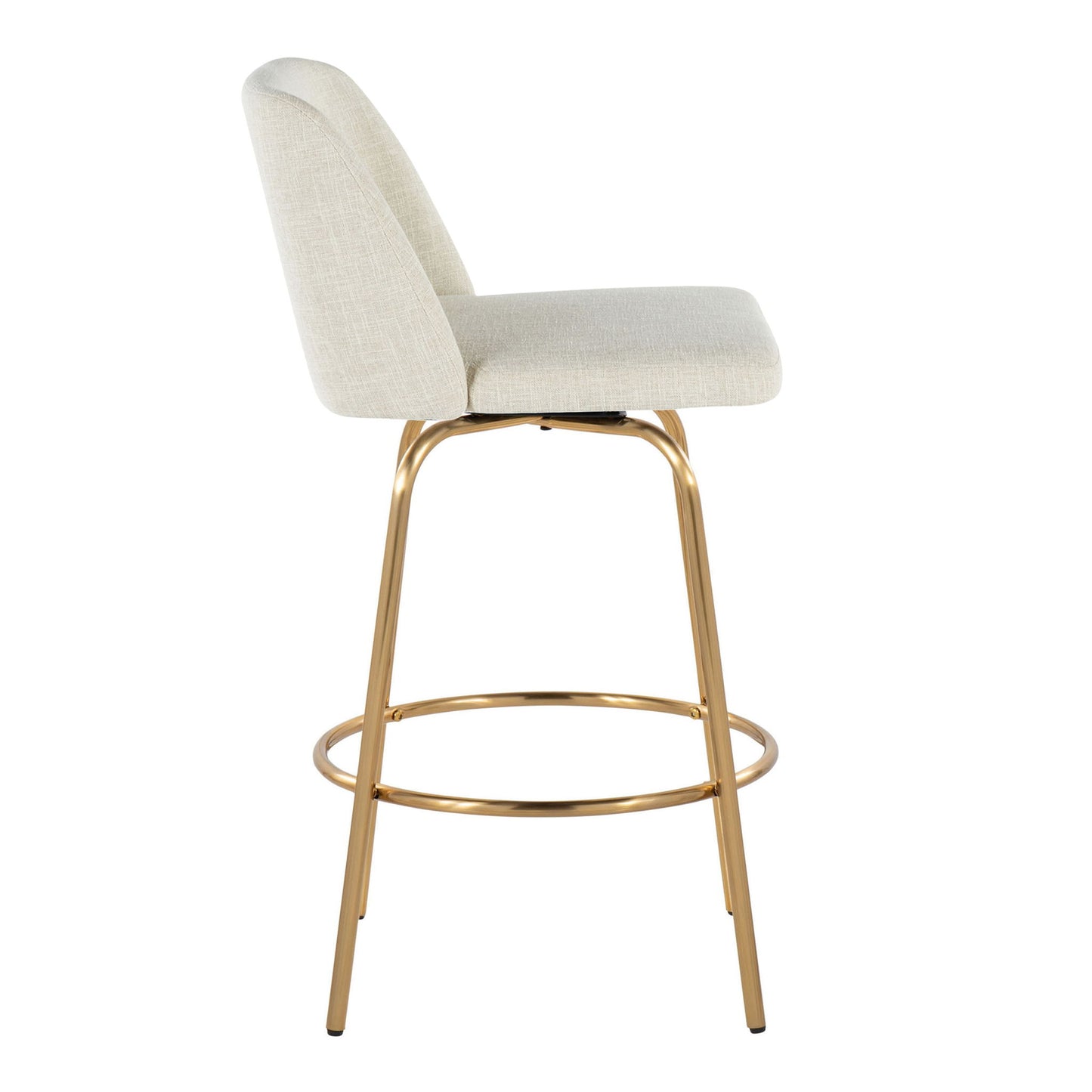 The Toriano Contemporary Fixed Height Counter Stool (Set of 2) features a light beige upholstered seat and backrest, four slim gold metal legs, a round footrest, and swivel design. Shown in profile against a white background.