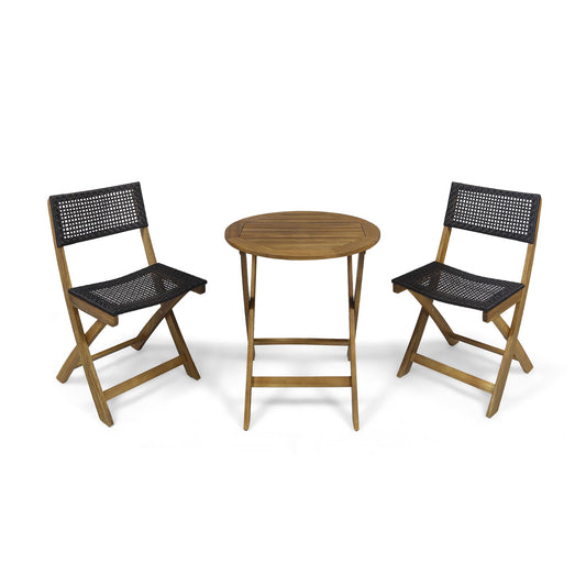 The Evergreen Outdoor Dining Set features a small round wooden table and two matching chairs with woven black seats and backs, arranged on a white background.