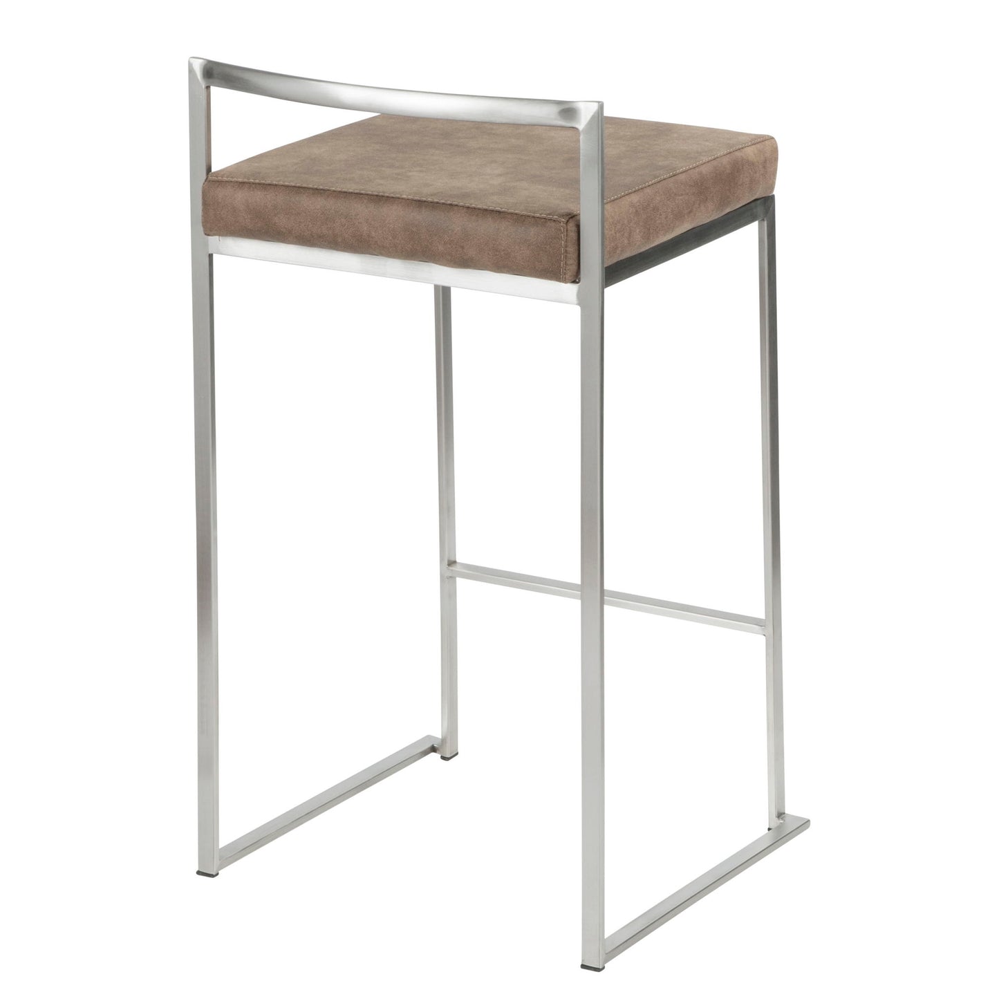 The Fuji - Contemporary Elegant Stackable Counter Stool Set features a modern brushed metal frame, square light brown cushioned seat, minimalistic low backrest, and an open geometric base.