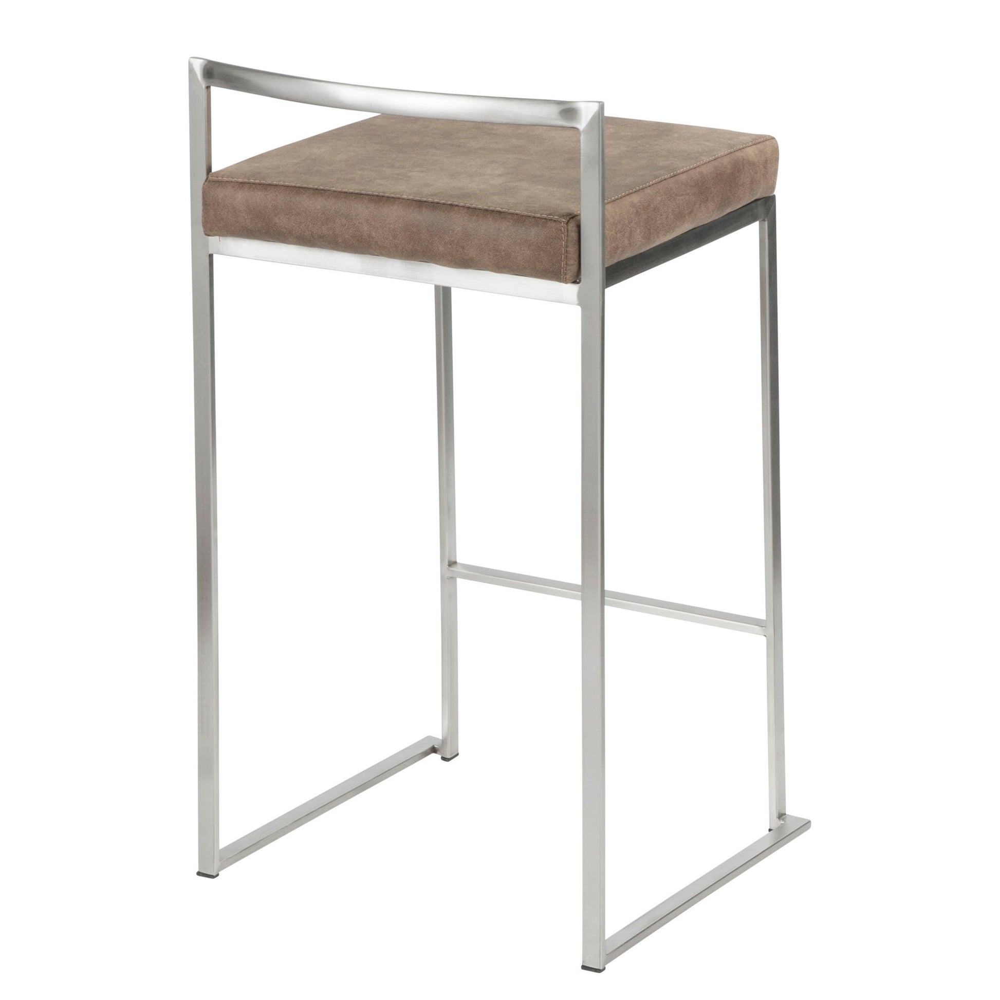 The Fuji - Contemporary Elegant Stackable Counter Stool Set features a modern brushed metal frame, square light brown cushioned seat, minimalistic low backrest, and an open geometric base.