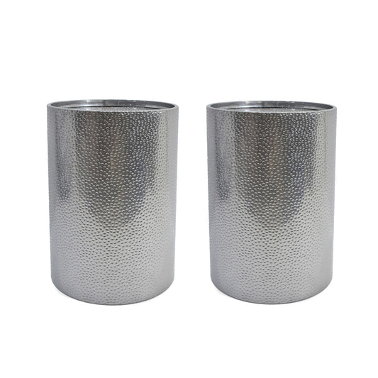 Two Modern Round Accent Tables with a silver hammered surface stand side by side on a white background.