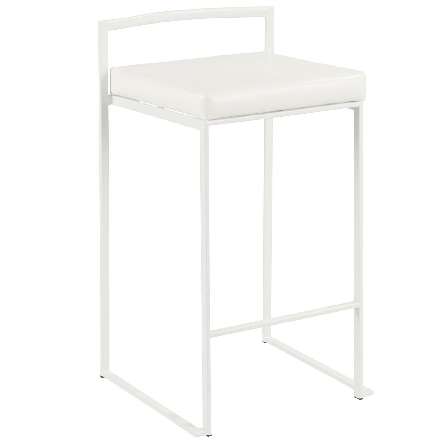 The Fuji - Simple Elegance is a contemporary white stackable counter stool featuring a square padded seat, metal frame, and minimalist open-back design.