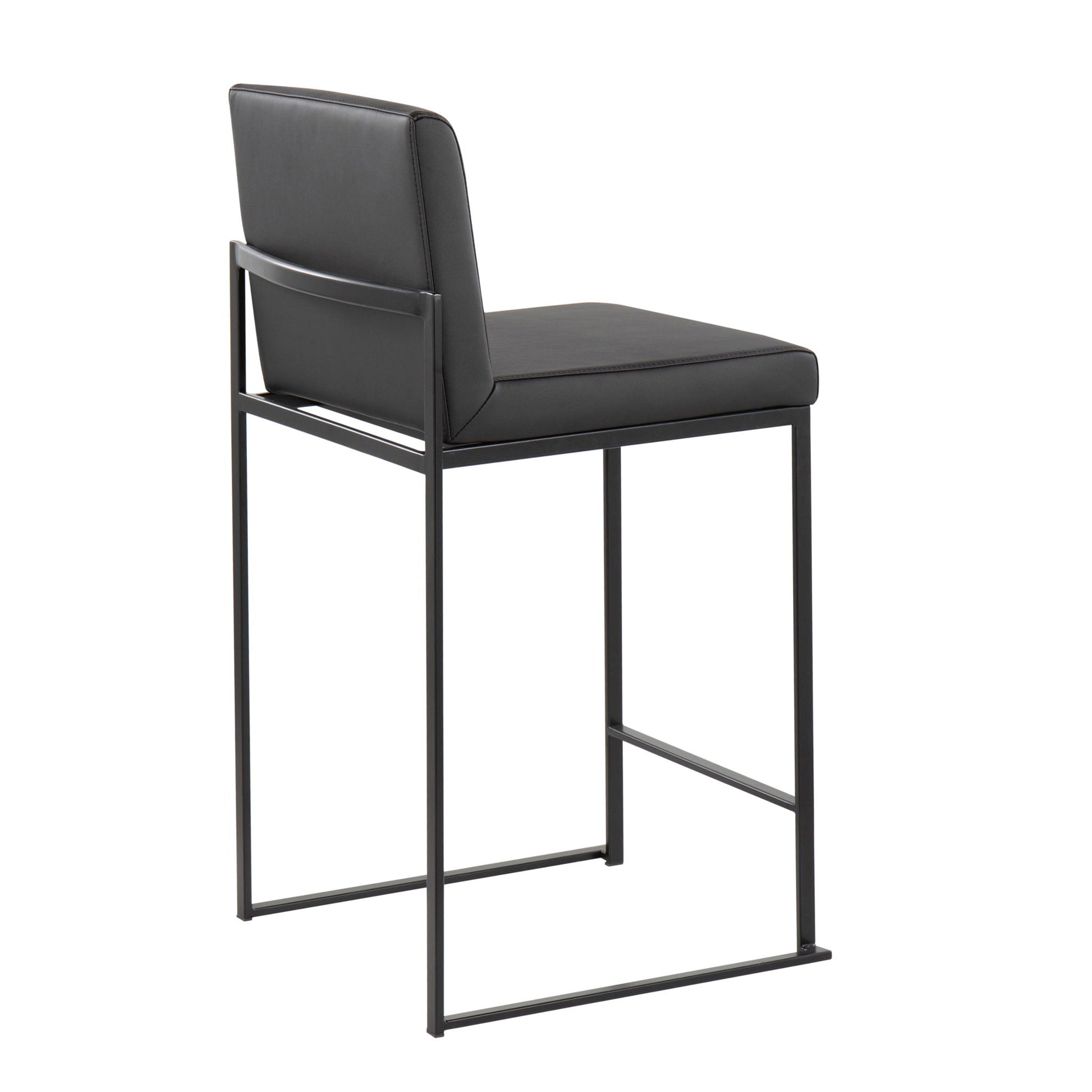 The Fuji - Contemporary Modern Elegance High Back Counter Stool features a black metal frame and rectangular seat and backrest upholstered in black leather or faux leather, shown slightly angled from the back.