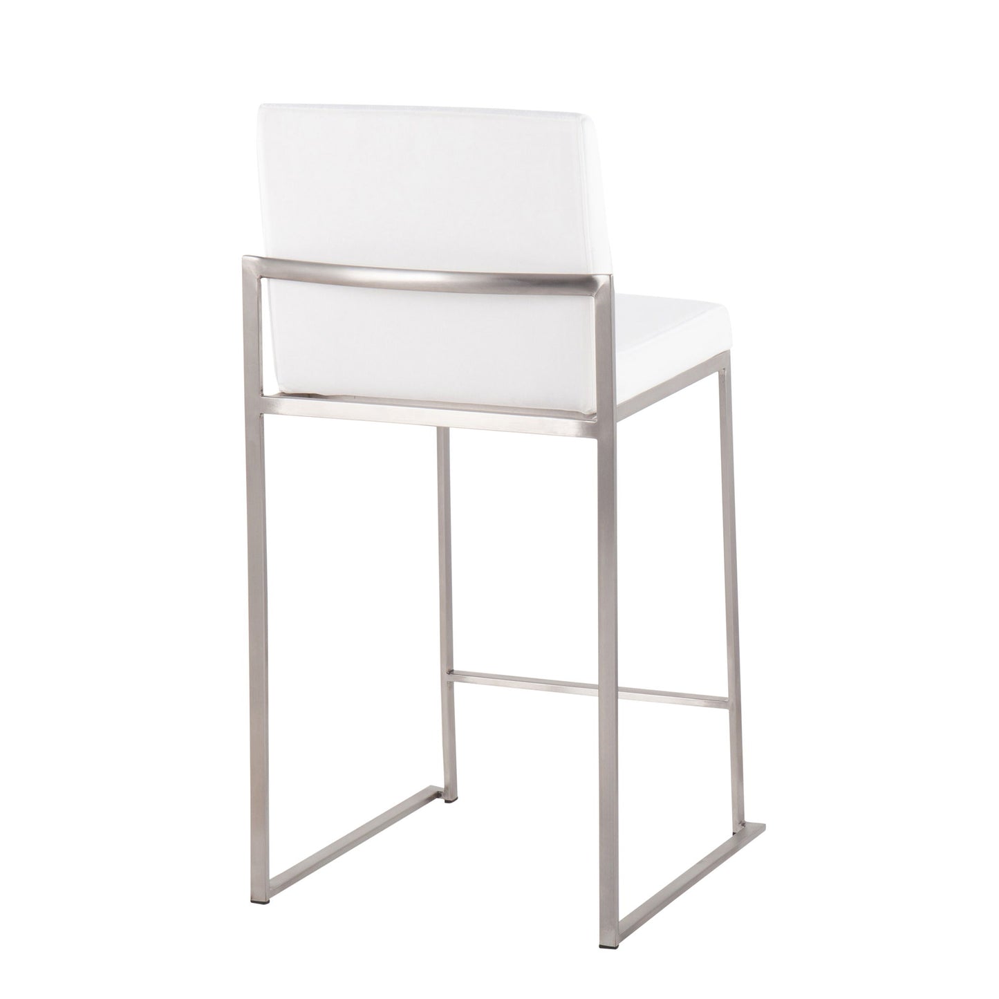The Fuji - Contemporary High Back Counter Stool features a white cushioned seat and backrest with a sleek metal frame and legs, offering minimalist, modern style. Shown from the back angle, this stool blends contemporary design with functional elegance.