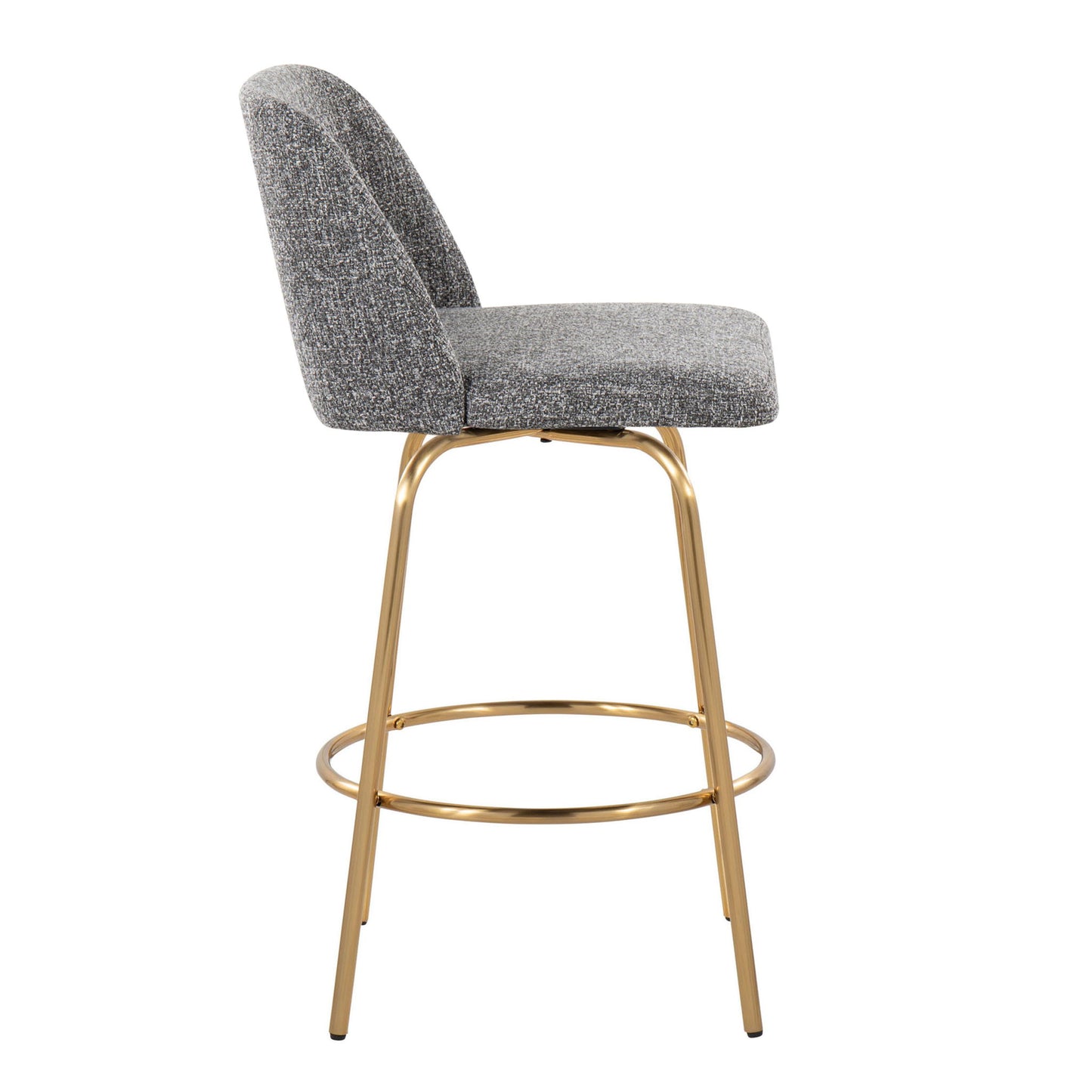 The Toriano is a contemporary fixed-height counter stool set of 2, featuring gray upholstered seat and backrest, gold metal legs, a round footrest, and swivel function—shown from the side.