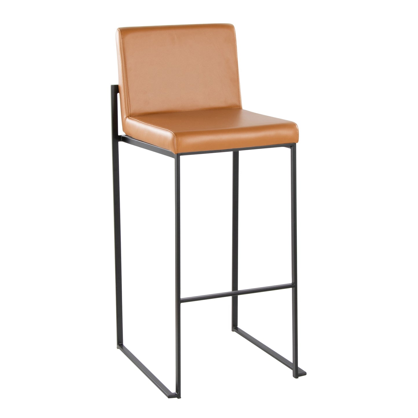 The Fuji Contemporary High Back Barstool features an elegant design with a tan leather cushioned seat and backrest, complemented by a minimalist black metal frame and footrest.