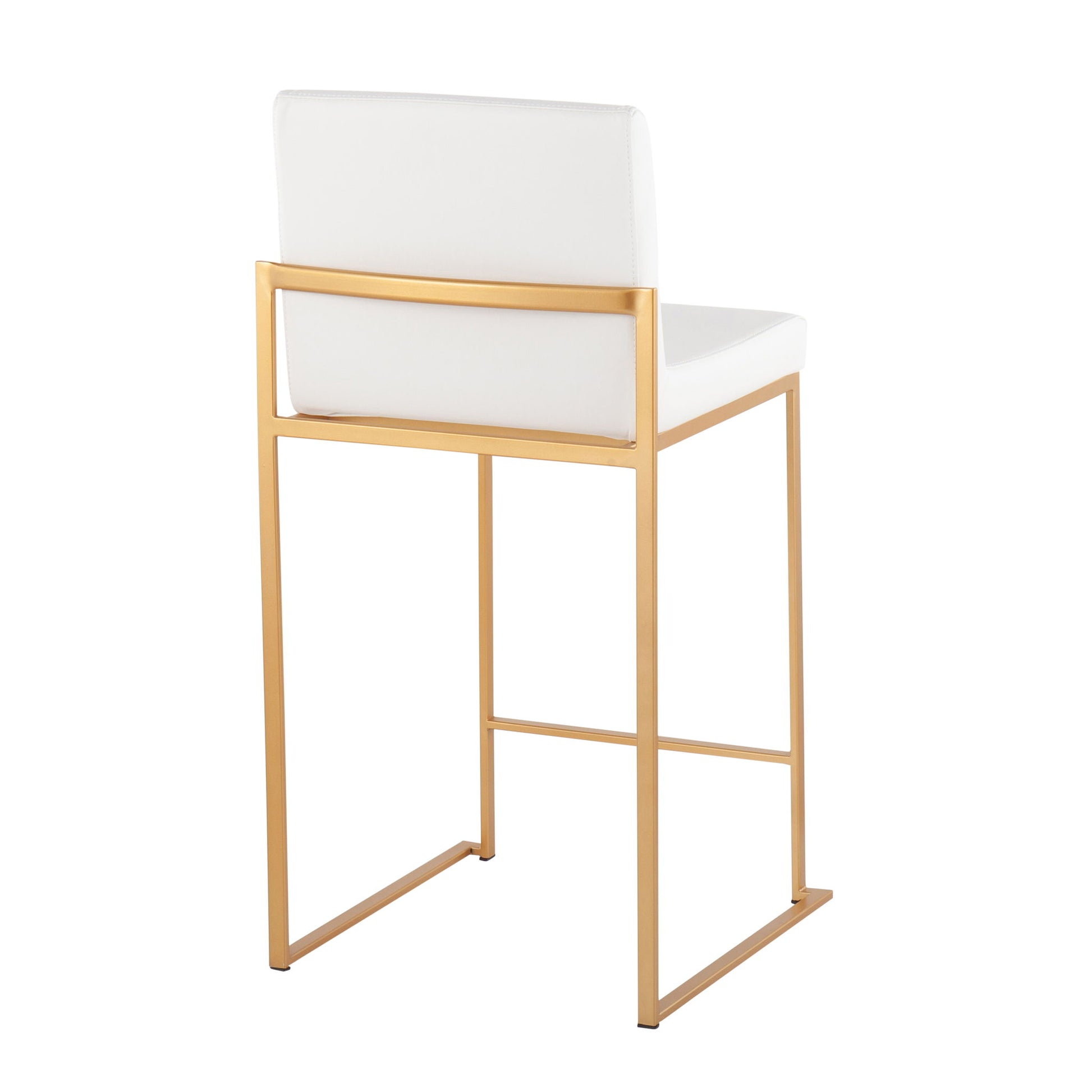 The Fuji - Contemporary High Back Stylish Counter Stool features a white cushioned seat and backrest, plus a sleek gold metal frame with an open rectangular design on the back and legs.