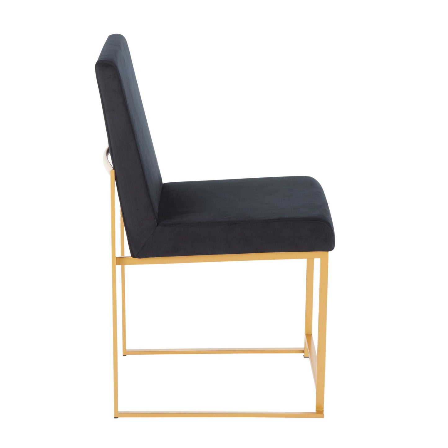 Side view of the Fuji - Contemporary Stylish Frame, High Back Dining Chair (Set of 2), featuring a gold metal frame with a black cushioned seat and backrest. The chair boasts clean lines and a minimalist design.