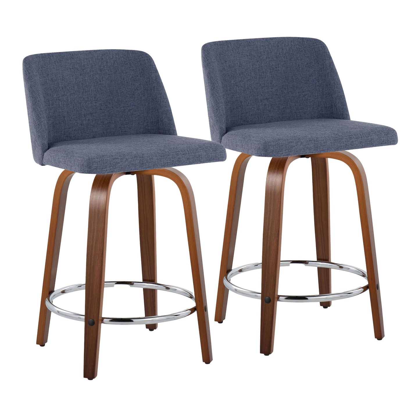 The Toriano set includes two modern bar stools with gray fabric seats, curved wooden legs, and chrome footrests, combining contemporary and classic styles. They are side by side on a white background.