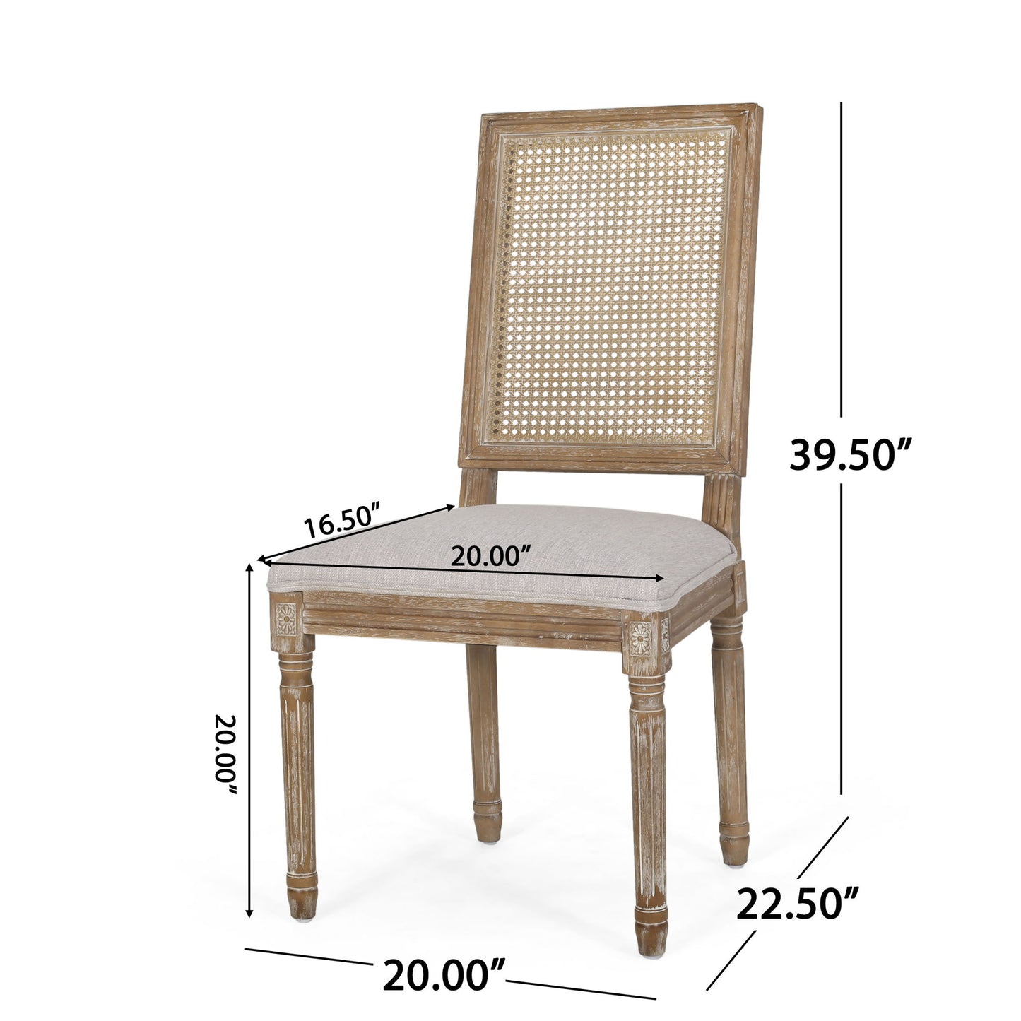 The French Country Dining Chair features a rectangular cane backrest, smooth upholstered seat, and carved legs. Dimensions: height 39.5", seat width 20", seat depth 16.5", total depth 22.5", total width 20".
