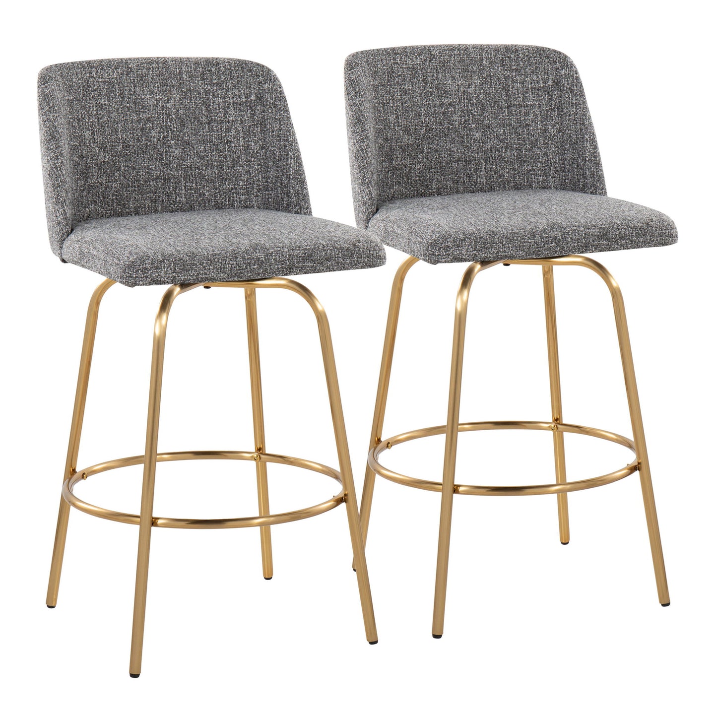 Set of 2 Toriano contemporary fixed-height counter stools with swivel seats, round footrests, gray upholstery, and gold metal legs. The elegant stools have modern design and are shown side by side on a white background.