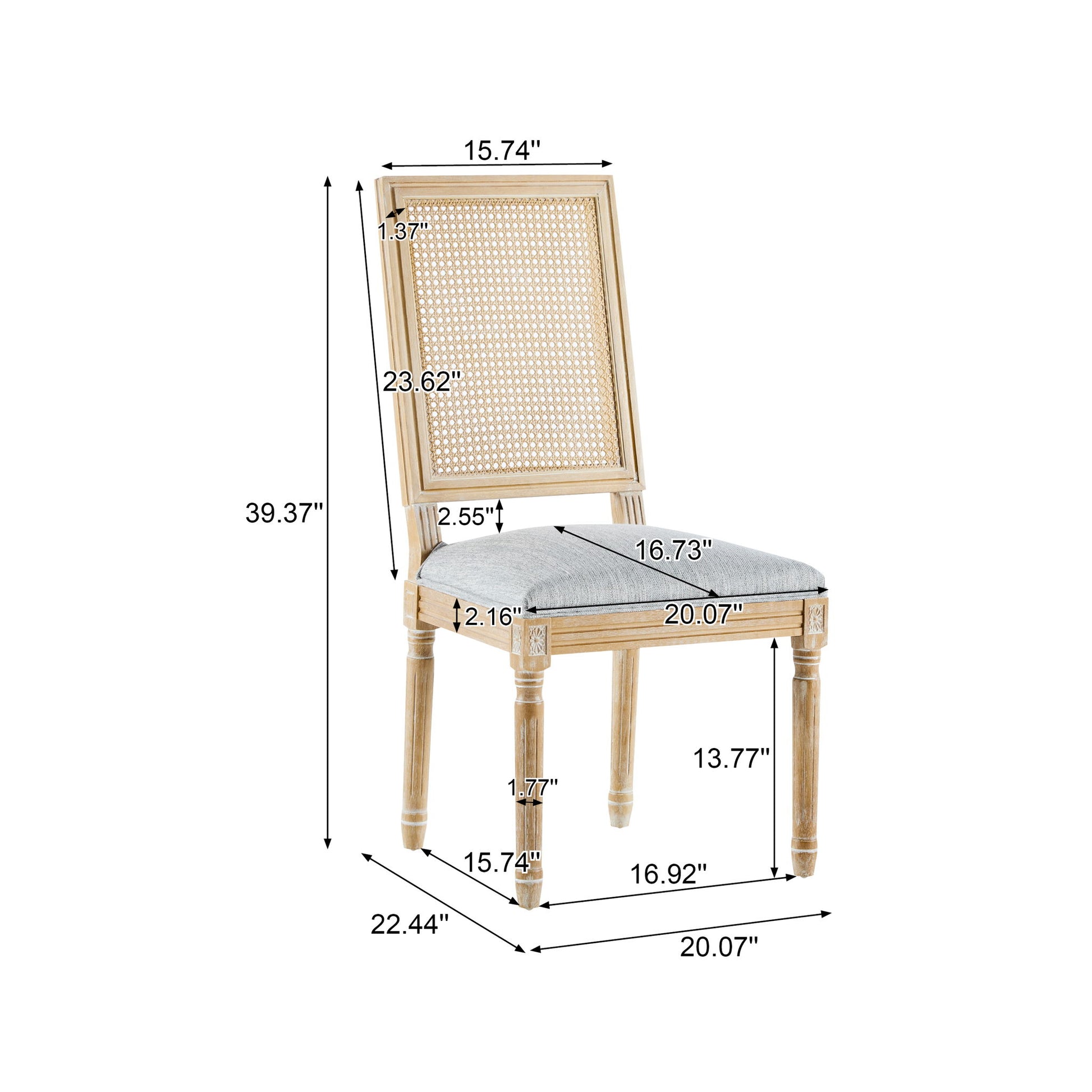 The French Country Dining Chair features a rectangular cane backrest and smooth upholstered seat. Key dimensions: height 39.37", seat height 19.09", width 20.07", depth 22.44", with several other detailed measurements provided.