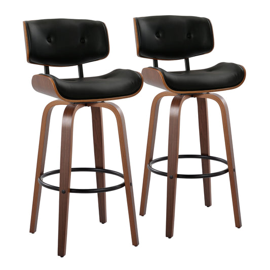 Set of 2 Lombardi Mid-Century Modern barstools with swivel, round footrests, curved wooden legs, and black cushioned seats and backrests, displayed against a plain white background.