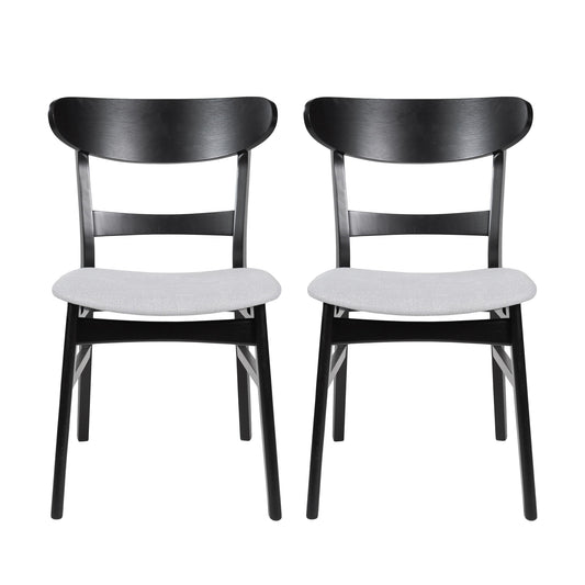 A set of two Mid Century Dining Chairs with cushioned light gray seats and black curved wooden backrests, placed side by side against a white background.